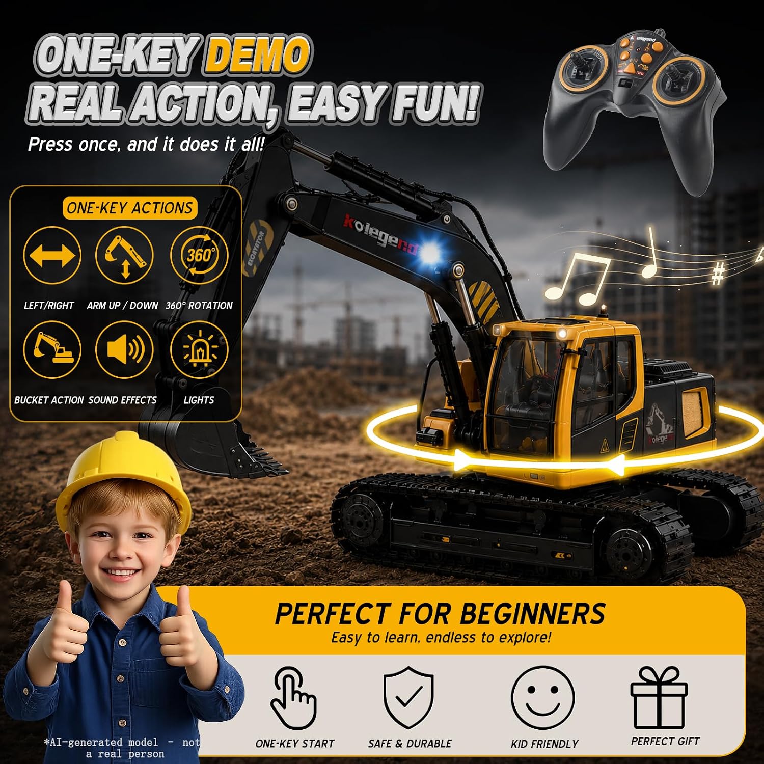 kolegend 1:18 Scale RC Excavator Toy with Metal Shovel, 11 Channels Remote Control Construction Truck