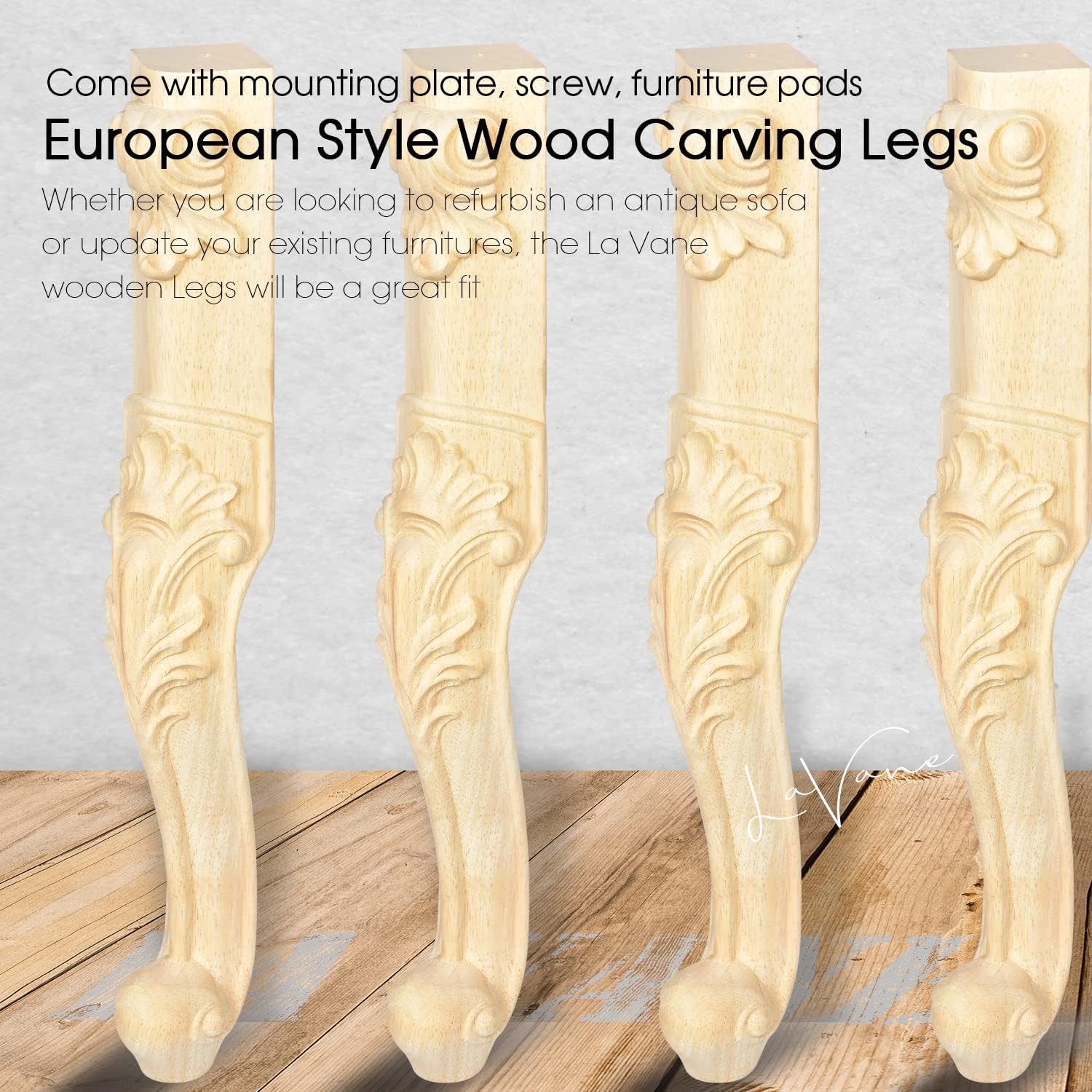 La Vane 6 inch / 15cm Wooden Furniture Legs, Set of 4 European Style Solid Wood Carving Furniture Replacement Feet Decoration for Sofa Cabinet Wardrobe Table Loveseat