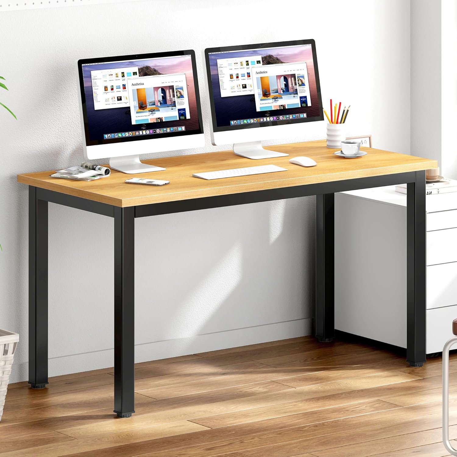 DlandHome 47 inches Medium Computer Desk for Bedroom, Retro