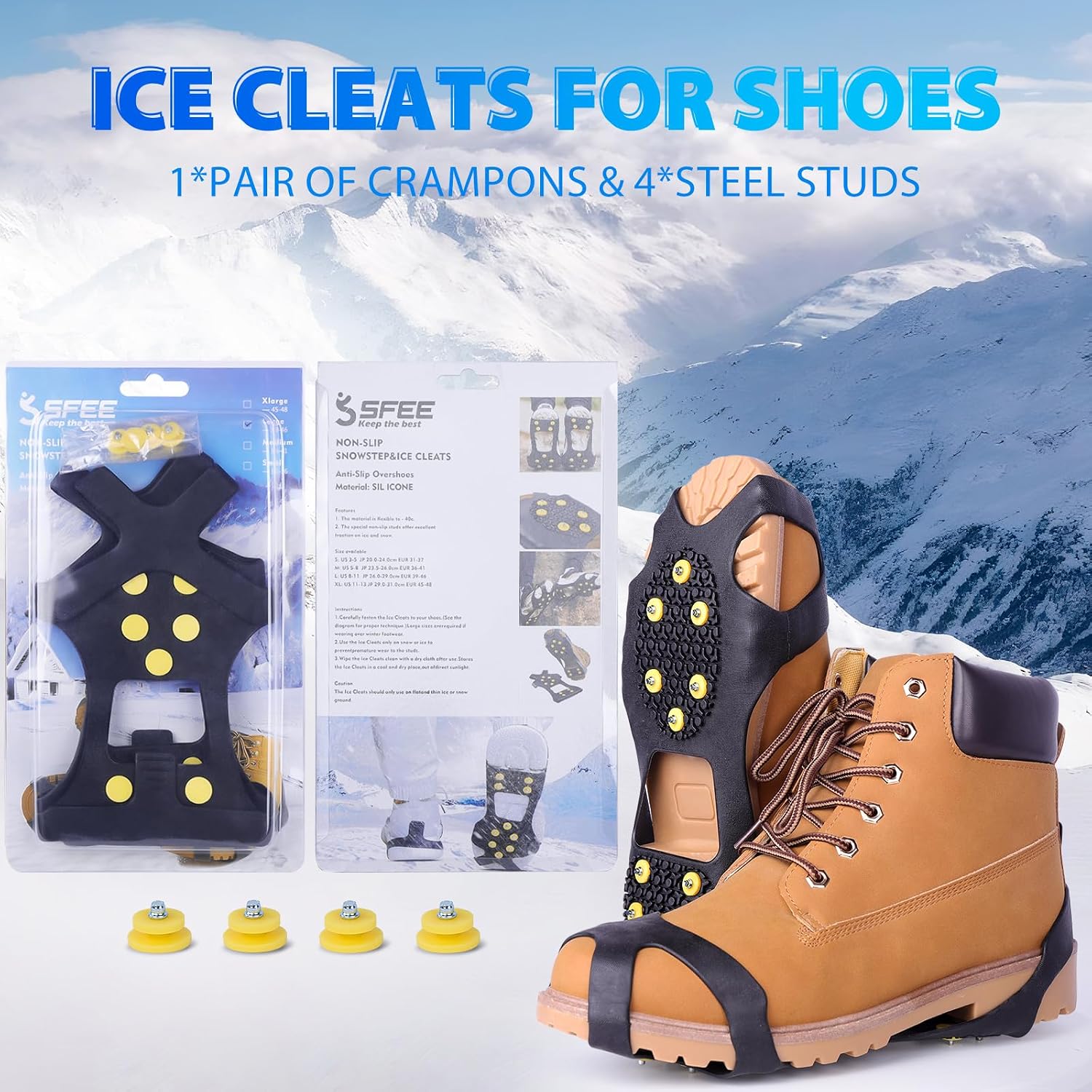 Ice Cleats for Boots Shoes, Snow Grips Cleats for Ice and Snow Anti-Slip Rubber Traction Cleats for Walking on Snow and Ice 10 Steel Studs Crampons for Hiking, Walking, Climbing, Jogging