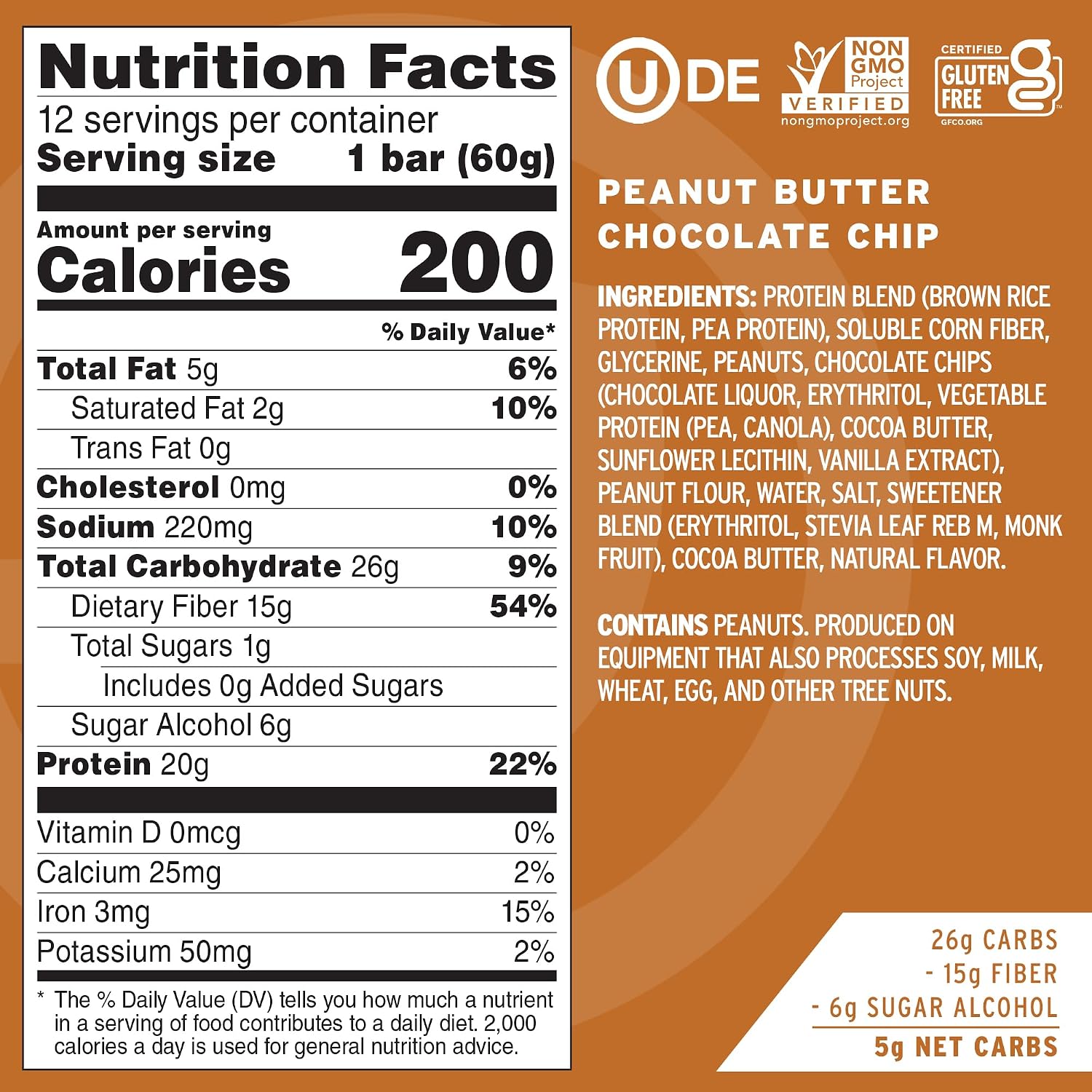 No Cow Peanut Butter Chocolate Chip Vegan Protein Bars, 12 Pack | 20g High Plant-Based Protein, High Fiber, Low Sugar, Gluten-Free, Dairy-Free, Soy-Free, Keto-Friendly Snack Bars