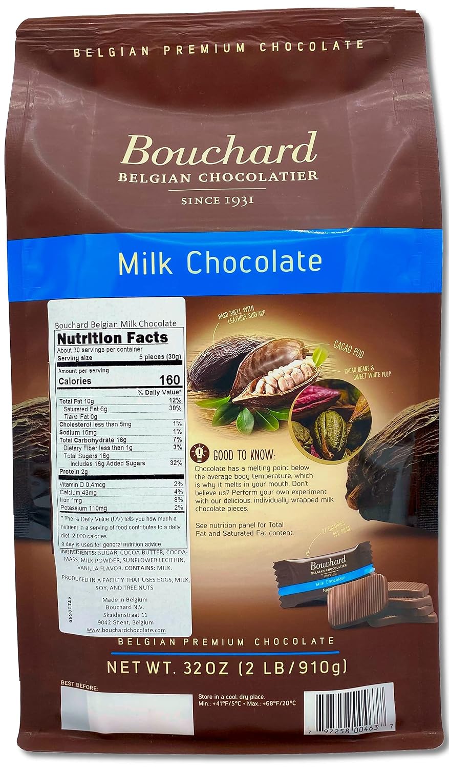 Bouchard Premium Belgian Dark Chocolate with 72% Cacao | Individually Wrapped Pieces (2 LB)