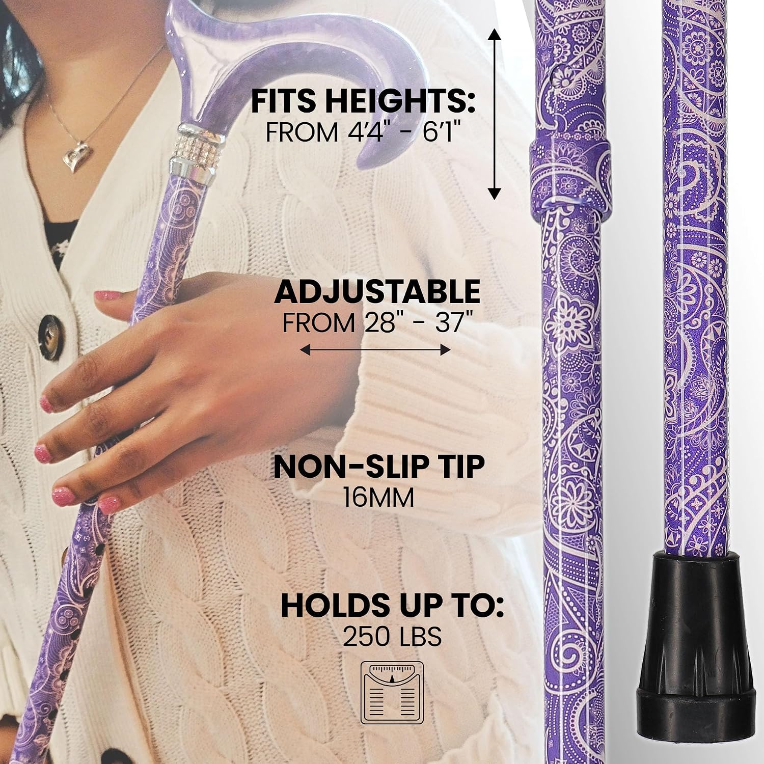 Stylish Walking Sticks – Rhinestone Collar Designer Adjustable Canes Colorful – Best Gift for Men and Women Light Weight Aluminum Shaft & Safe to Walk