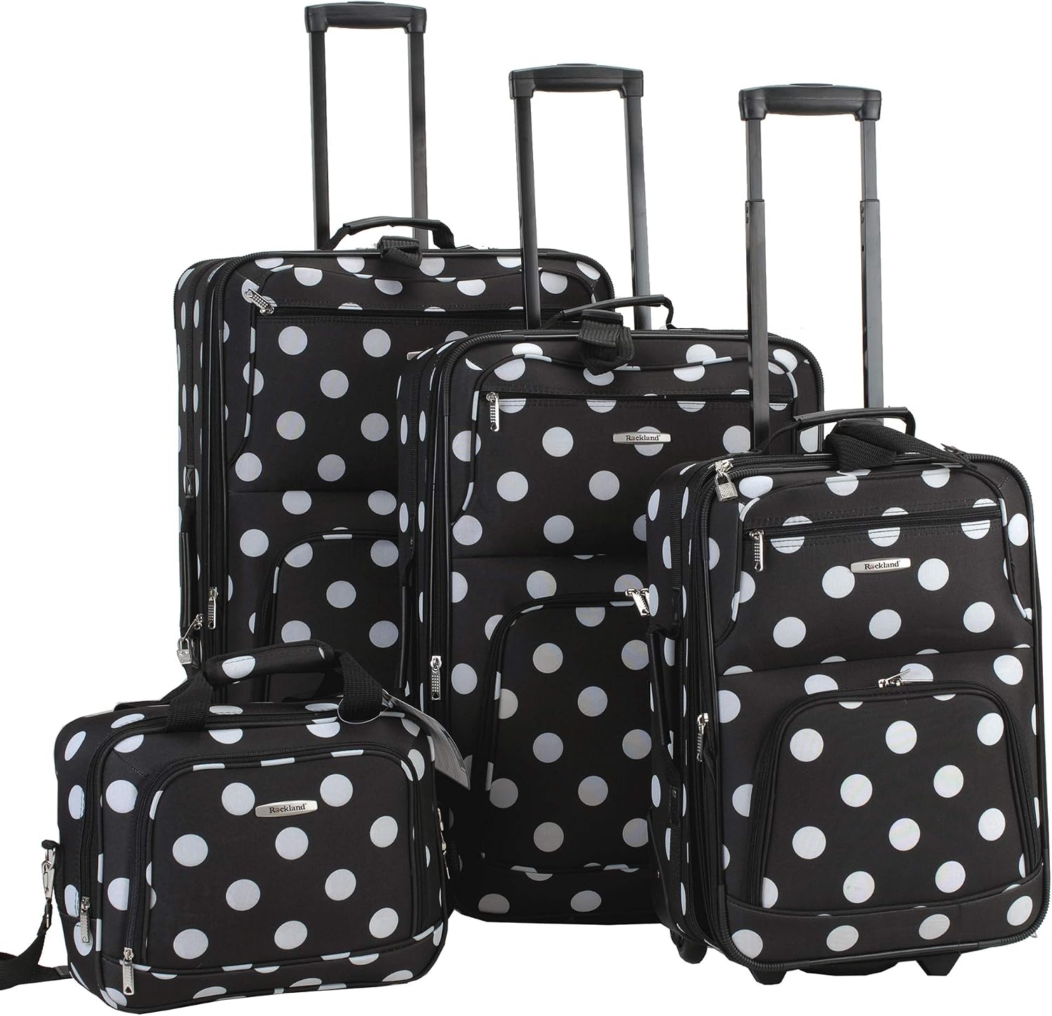 Rockland Fashion Softside Upright Luggage Set,Expandable, Telescopic Handle, Wheel, Black Dot, 2-Piece (14/19)