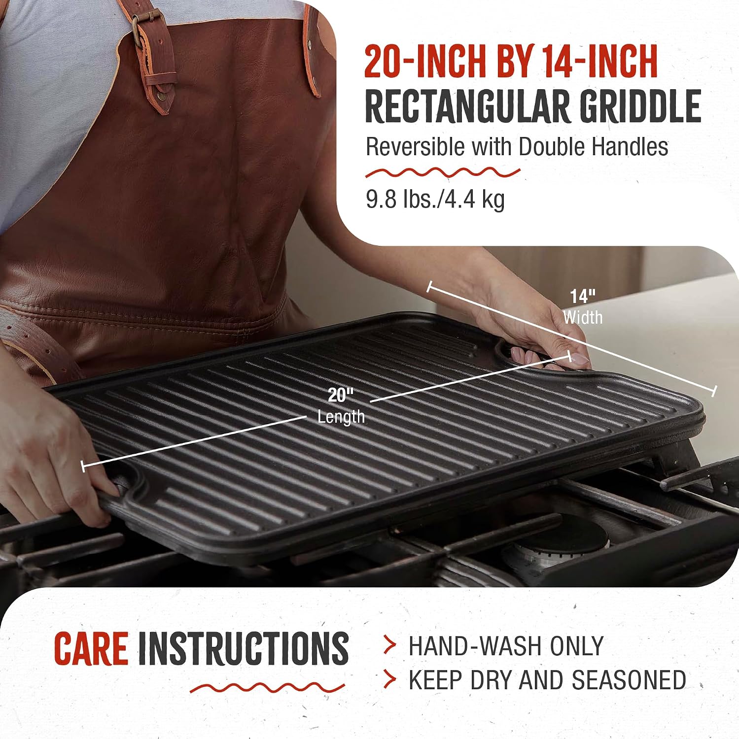 Victoria Rectangular Cast Iron Griddle. Double Burner Griddle, Reversible Grill, 13 x 8.5 Inch, Seasoned with 100% Kosher Certified Non-GMO Flaxseed Oil, Model: GDL-189