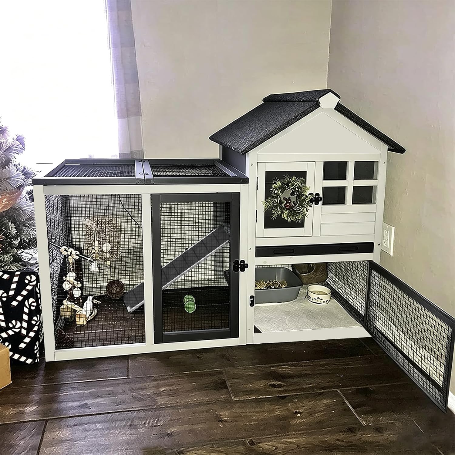 Aivituvin 103.2" L Rabbit Hutch Indoor Outdoor Bunny Cage with Run,Guinea Pig House Pull Out Upper Tray (103.2" L x 25.2" W x 36.2" H, Grey-2 Sets)