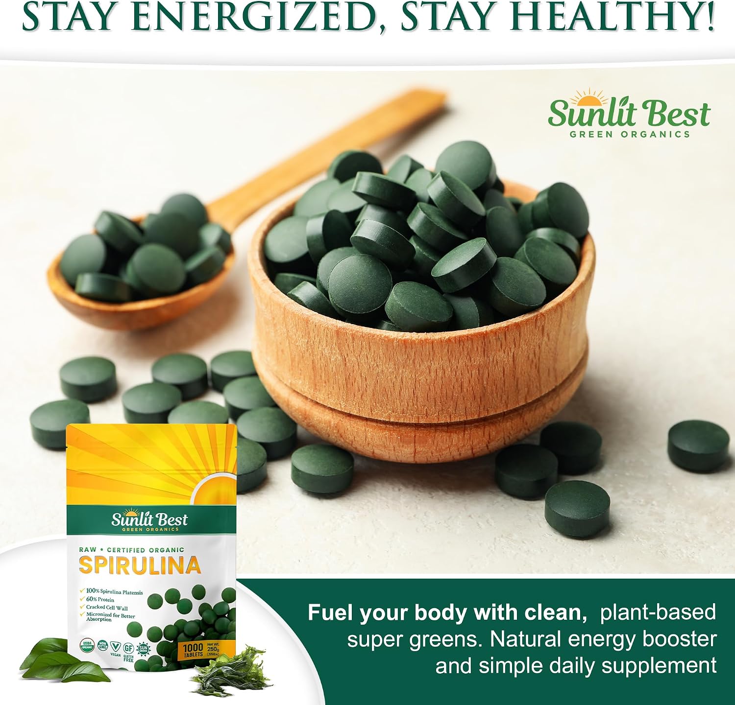 Sunlit Best Organic Spirulina Tablets, Pure Natural Superfood Pills 1000 CT | USDA Certified, 60% Vegan Protein, 18 Amino Acids, Chlorophyll Antioxidants Enzymes, Non GMO, Immune Liver & Energy Support
