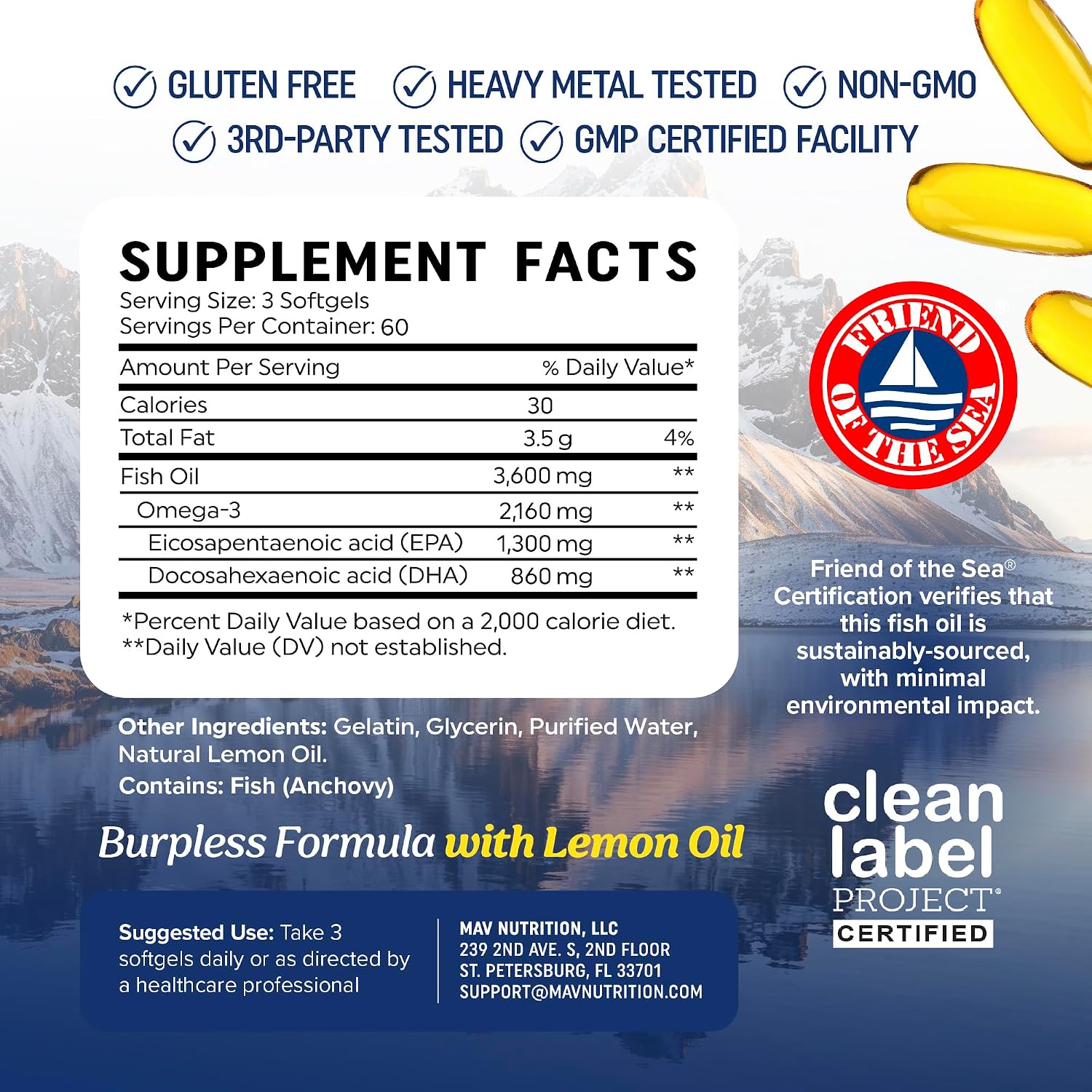 Triple Strength Omega 3 Fish Oil 3600 mg, EPA & DHA, Over 2100mg Omega-3