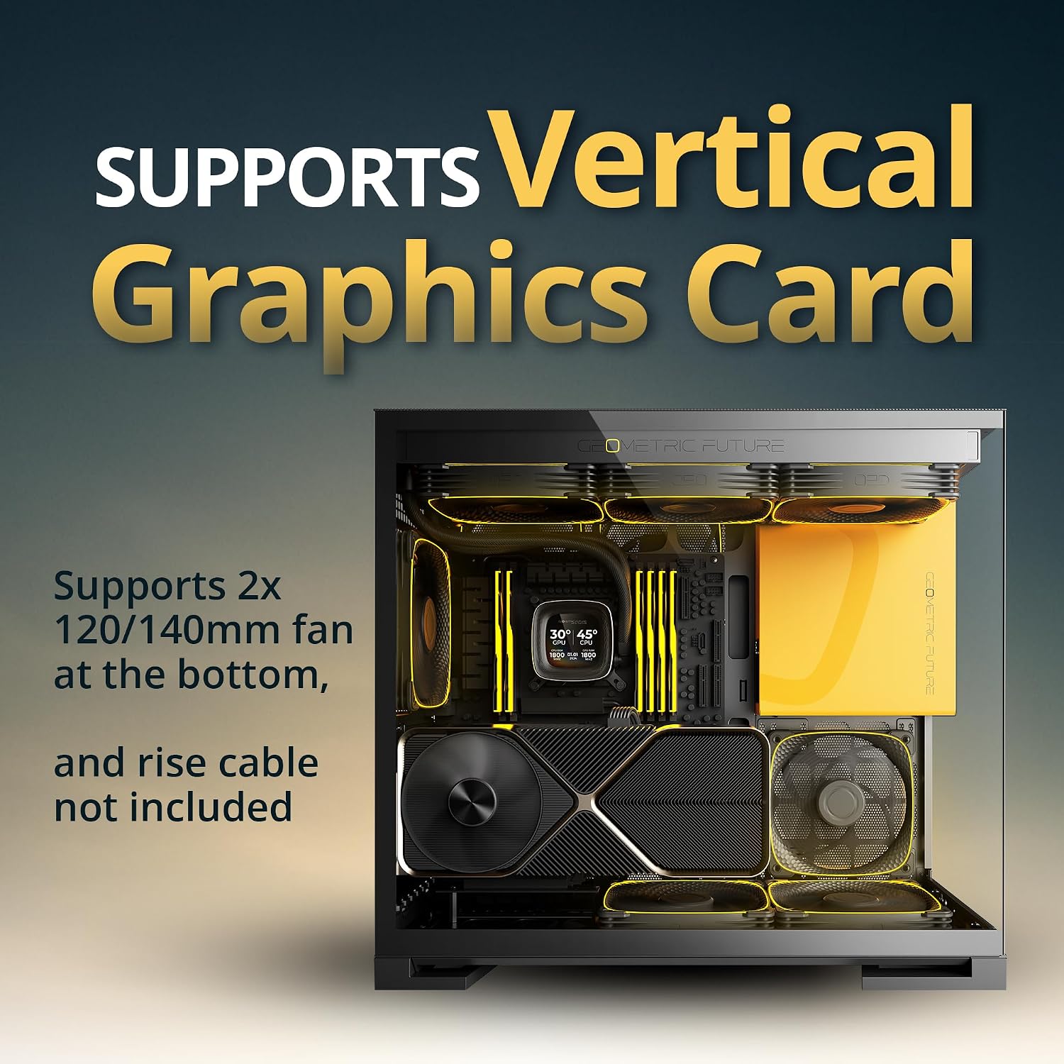 Geometric Future M5 Tempered Glass Mid Tower, E-ATX/ATX Gaming Case, 1.2mm Steel, Type C, Toolless Panels, Support 420/360 Radiator, ARGB PWM 140m Fan x 5 Pre-Installed, Black/Yellow, GEO-M5F-BY