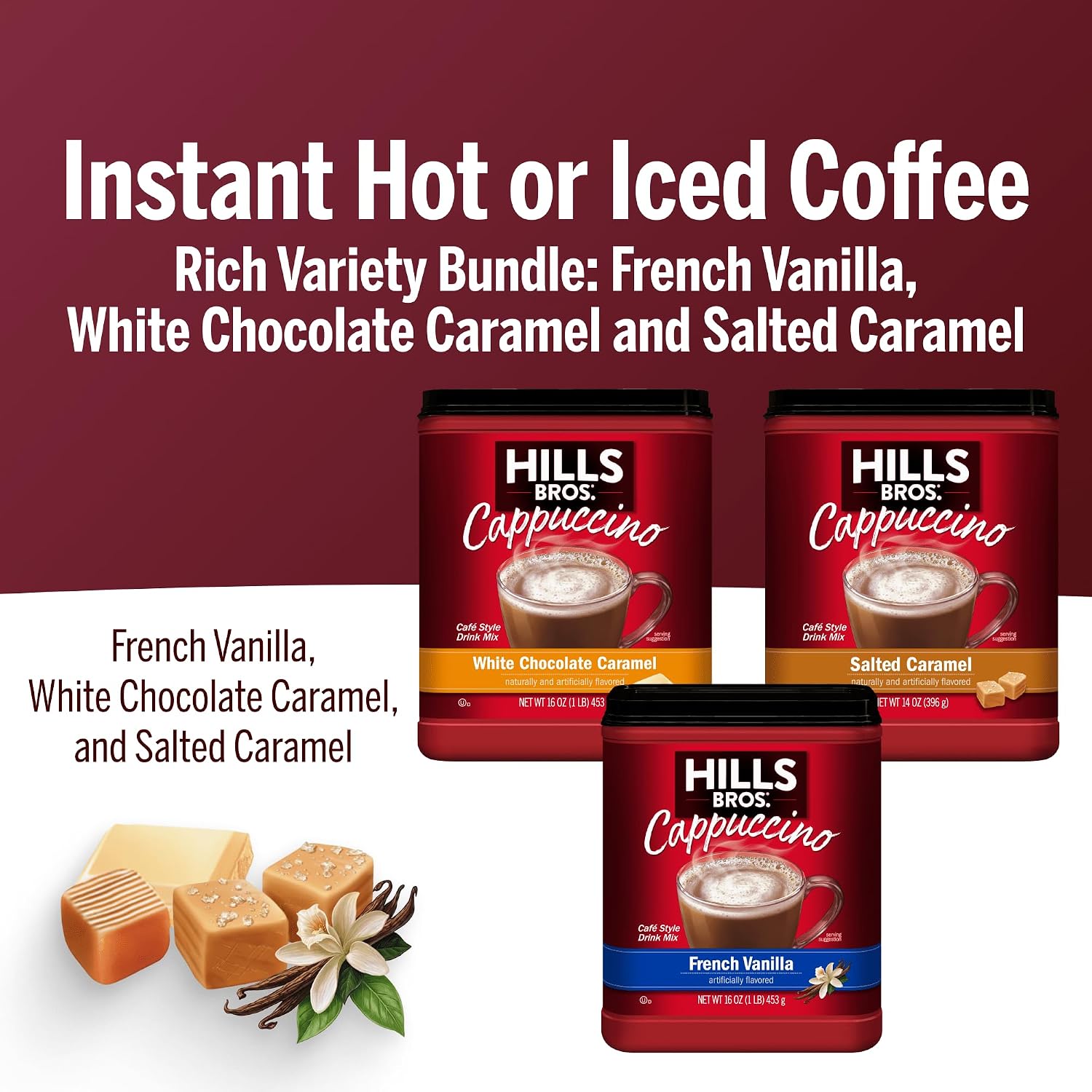 Hills Bros. Cappuccino Mix – Rich, Frothy Coffeehouse-Tasting Instant Drink Mix – Quick and Easy Preparation – Perfect for Hot & Iced Drinks & Creaming Coffee – Double Mocha, 1 Pack of 16oz