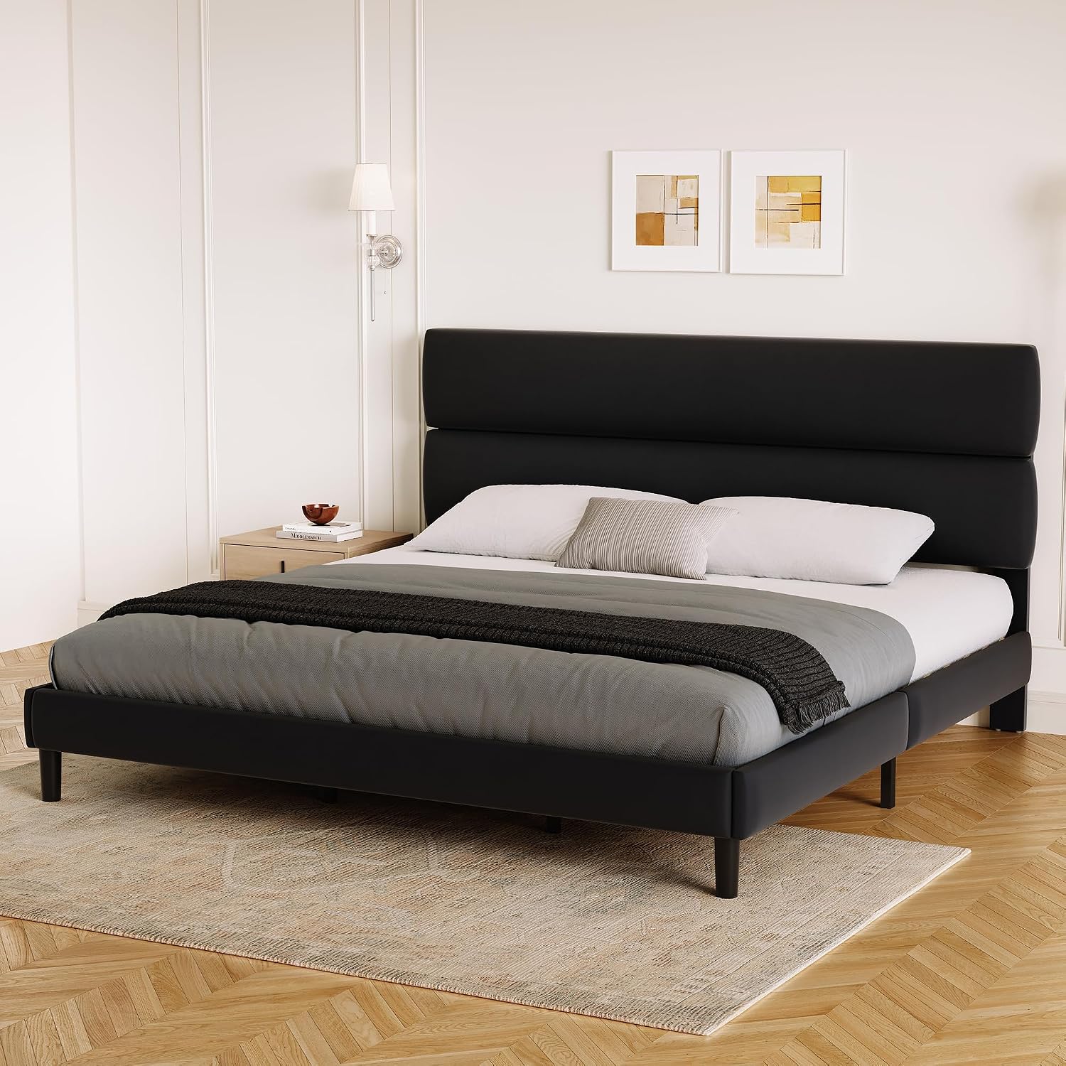 GRUSIGN Queen Size Platform Bed Frame with Velvet Headboard, Adjustable Height Wooden Slats Support, Upholstered Mattress Foundation, Fits Mattress or Mattress with Box Spring, Easy Assembly, Beige