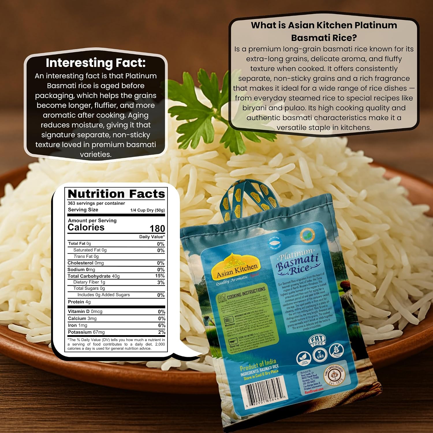 Asian Kitchen Platinum White Basmati Rice Extra Long Aged 20lbs (9.08kg) ~ All Natural | Gluten Friendly | Vegan | Indian Origin | Export Quality