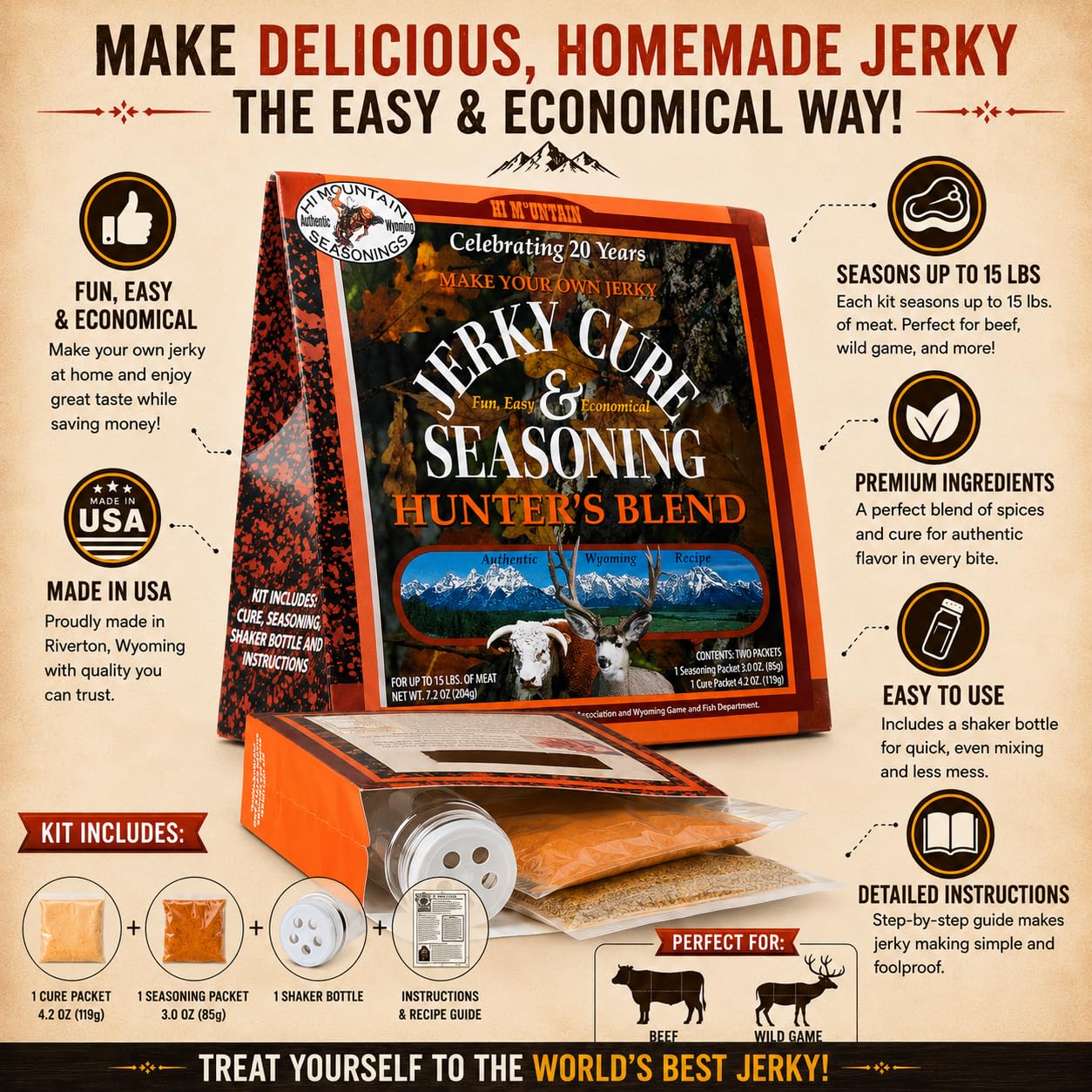 Hi Mountain HUNTERS BLEND Jerky Seasoning and Cure Kit | Beef & Venison | Savory hunter-style flavor, perfect jerky seasoning for deer, elk