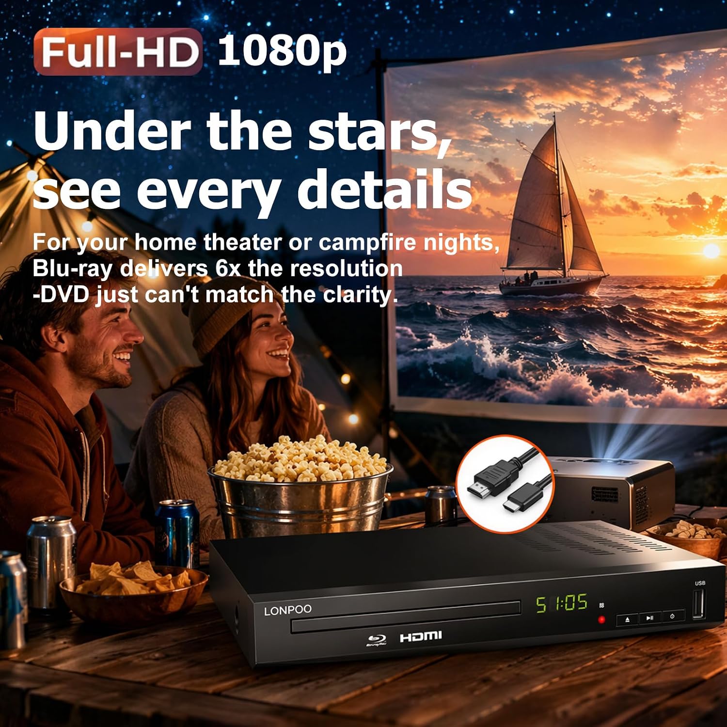 LONPOO LP-100 Blu-Ray Disc Player for TV 1080P DVD CD HDMI USB Upscaling