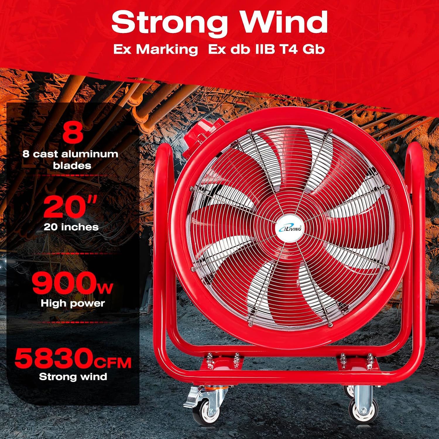 iLiving - ILG8EF12EX Explosion Proof Utility High Velocity Blower, Fume Extractor, Portable Exhaust and Ventilator Fan, Air Ventilation with 2720 CFM