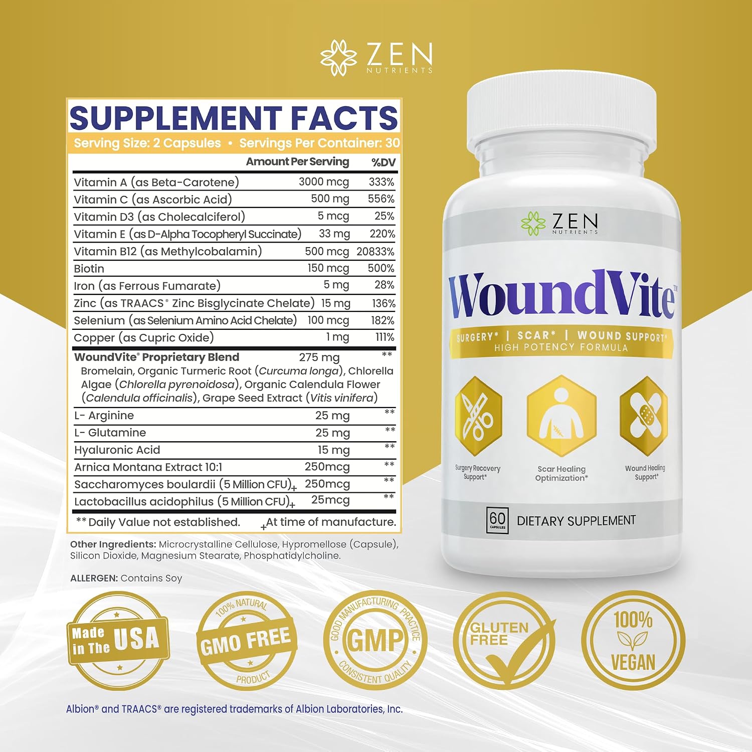 Zen Nutrients WoundVite Pre & Post Surgery Support, Scar & Wound Care, Scar Treatment, Plastic & General Surgery
