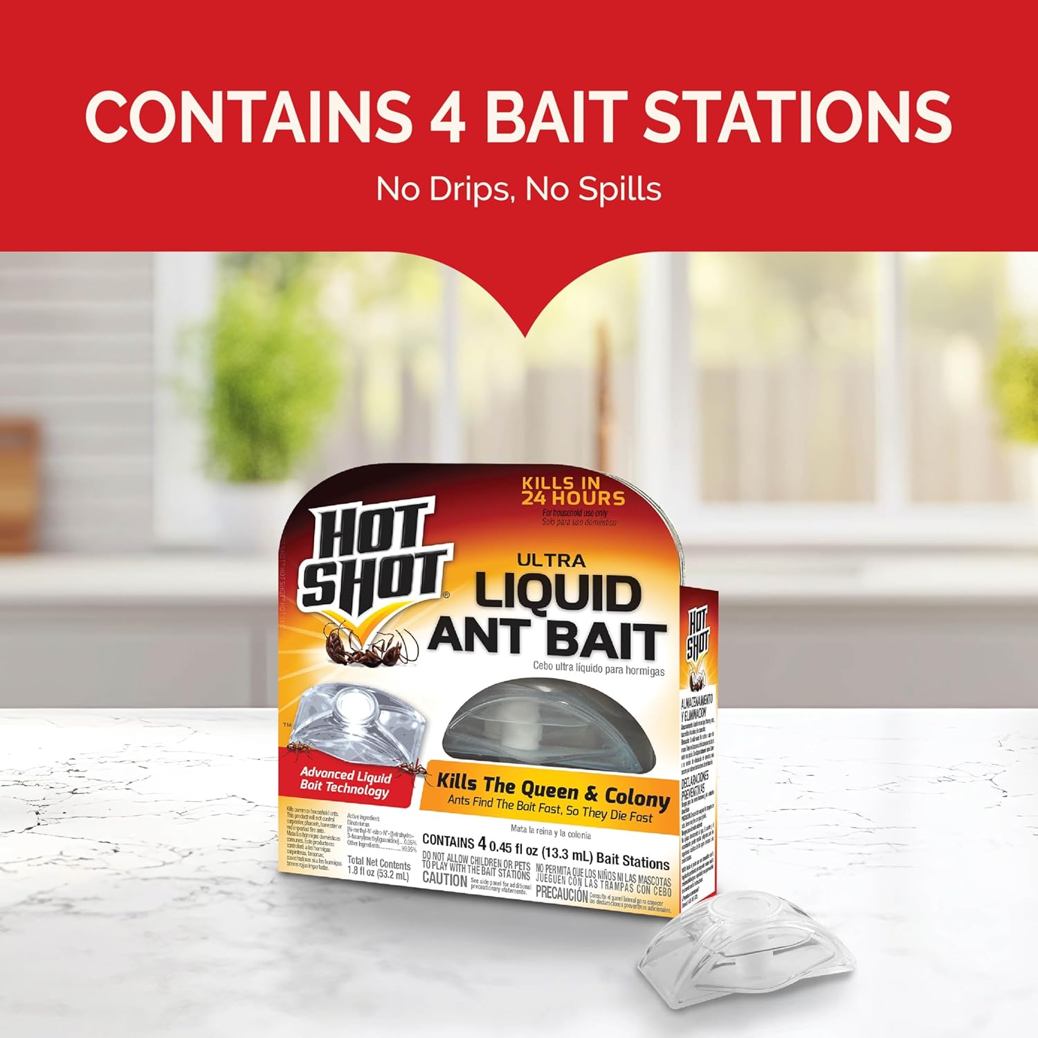 Hot Shot Ultra Liquid Ant Bait, Advanced Liquid Bait Technology Kills Common Household Ants Fast With No Drips Or Spills, 4 Count, Pack of 1 | Kills Common Household Ants In 24 Hours, For Indoor & Outdoor Use, Bait Stations Kill Ants With No Drip or Spil…