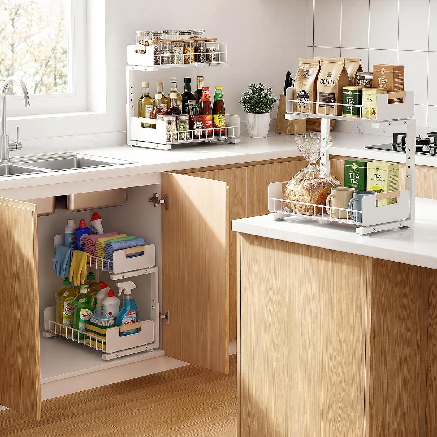 Delamu Under Sink Organizer Kitchen, 2-Tier Pull-Out Cabinet Shelf, 2-Pack | 2-Tier Smooth Slide, 5 Adjustable Heights, Anti-Tip Suction Cups