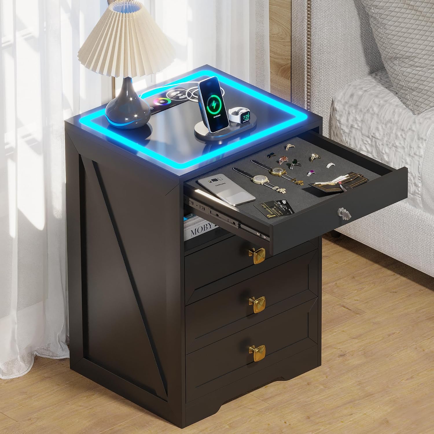 Lvifur LED Nightstand with Lockable Gun Drawer and Human Sensor, Black | USB & Type-C Charging Station, 3 Dimmable Lights, Adjustable Brightness, 3 Drawers, Farmhouse Style, Human Body Induction