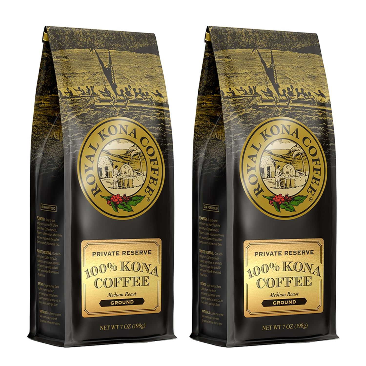 ROYAL KONA COFFEE Whole Bean - 100% Hawaiian Kona Coffee, Private Reserve, Medium Roast, (Pack of 2)