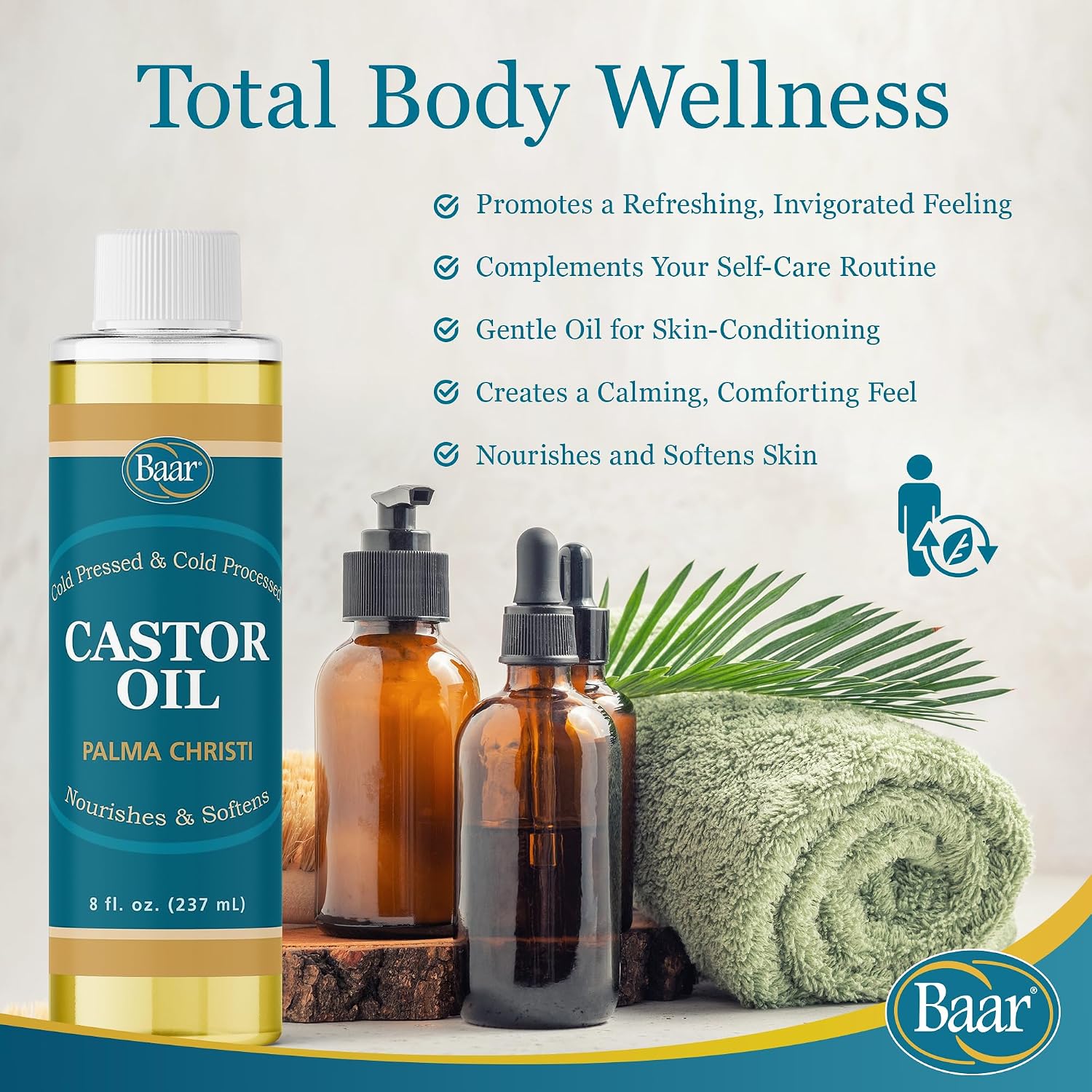 Baar Cold-Pressed Castor Oil, Cold-Processed, Hexane-Free, Palma Christi, for Skin, Hair, Massage & Castor Oil Packs, BPA-Free Bottle, 32 oz | Hexane free, Palma Christi oil, BPA-free bottle, skin, hair and massage applications