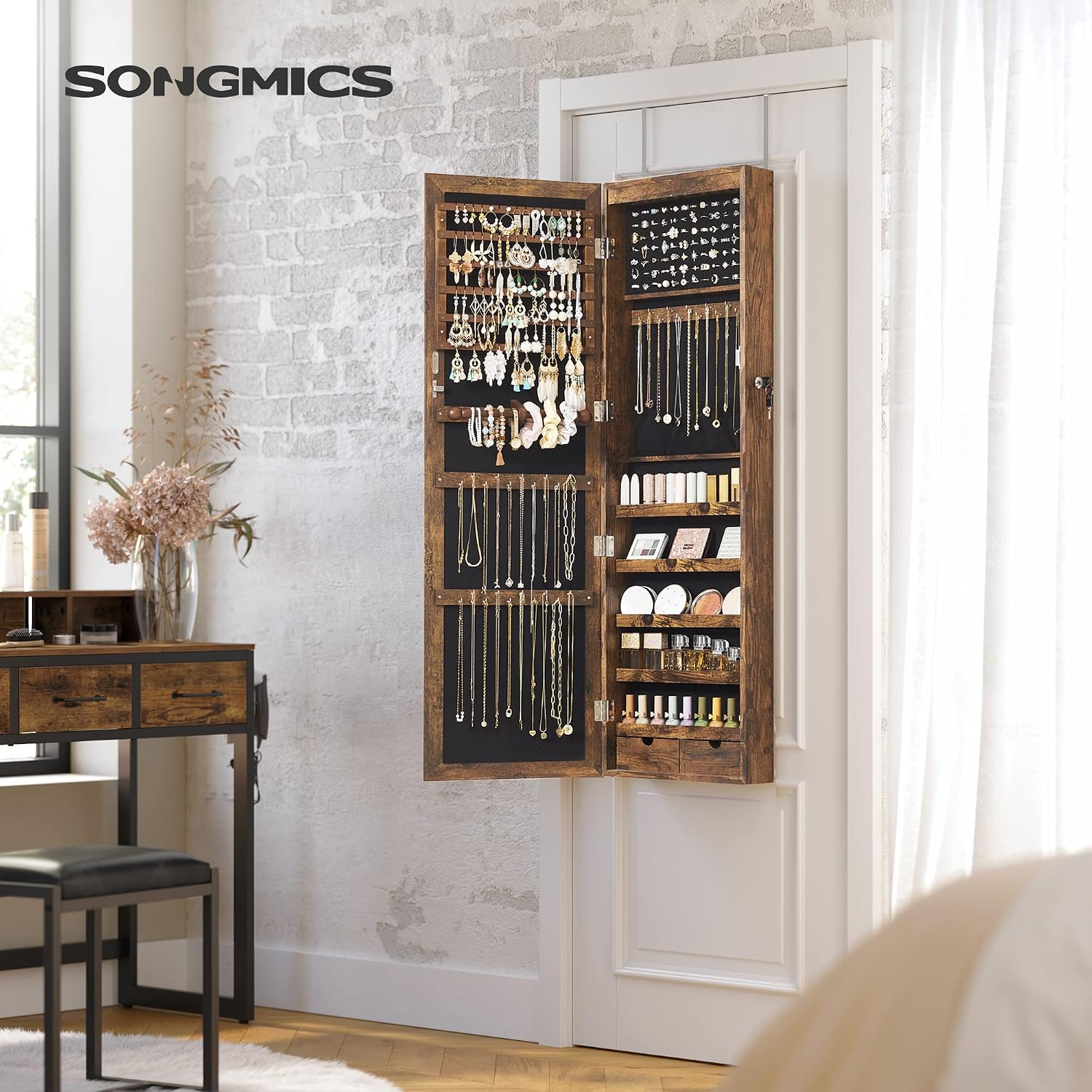 SONGMICS 6 LEDs Mirror Jewelry Cabinet, 47.2-Inch Tall Lockable Wall or Door Mounted Jewelry Armoire Organizer with Mirror, 2 Drawers, 3.9 x 14.6 x 47.2 Inches, White UJJC93W