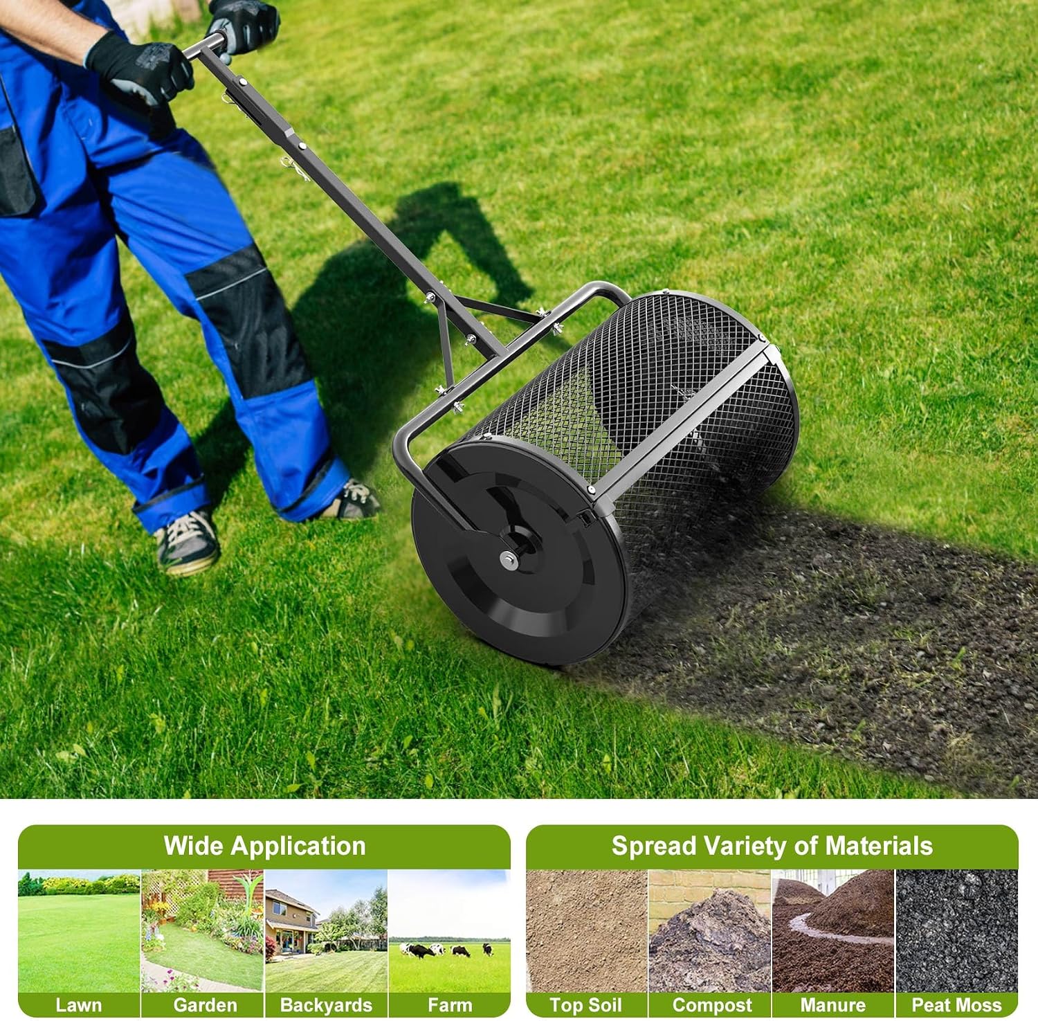 Seeutek Compost Spreader, 24" Peat Moss Spreader with 3 Heights | Push or Tow Top Soil Spreader W/Upgraded Side Latches Support Rod Powder Coated Metal Mesh Top Dressing Spreader for Lawn