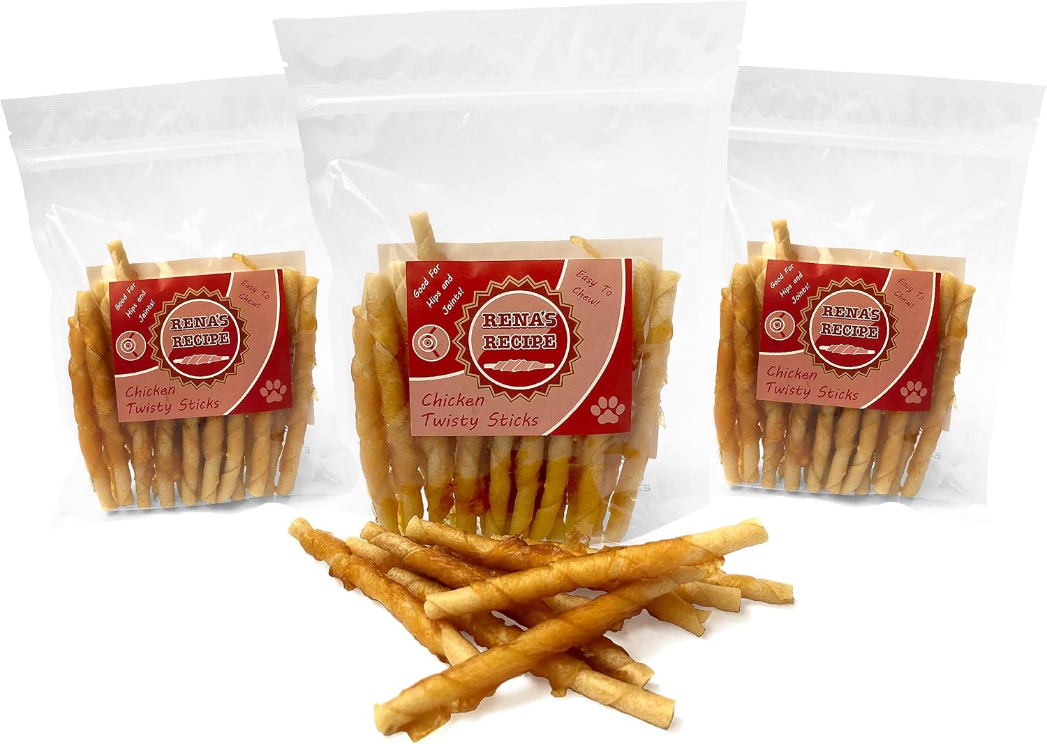 Rena's Recipe Chicken Twisty Sticks Chicken Wrapped Dog Treats, 8 oz | Rawhide-Free Chicken Wrapped Soft Chews with Glucosamine for Joint Support