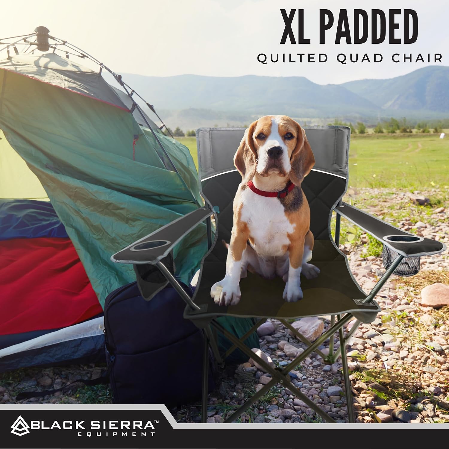 Black Sierra Quilted Padded Camping Chair, Oversized Heavy Duty Outdoor Lounge Seat Supports 300 lbs, Portable, Folding with Cup Holder for Beach, Tailgating, Sports, Patio