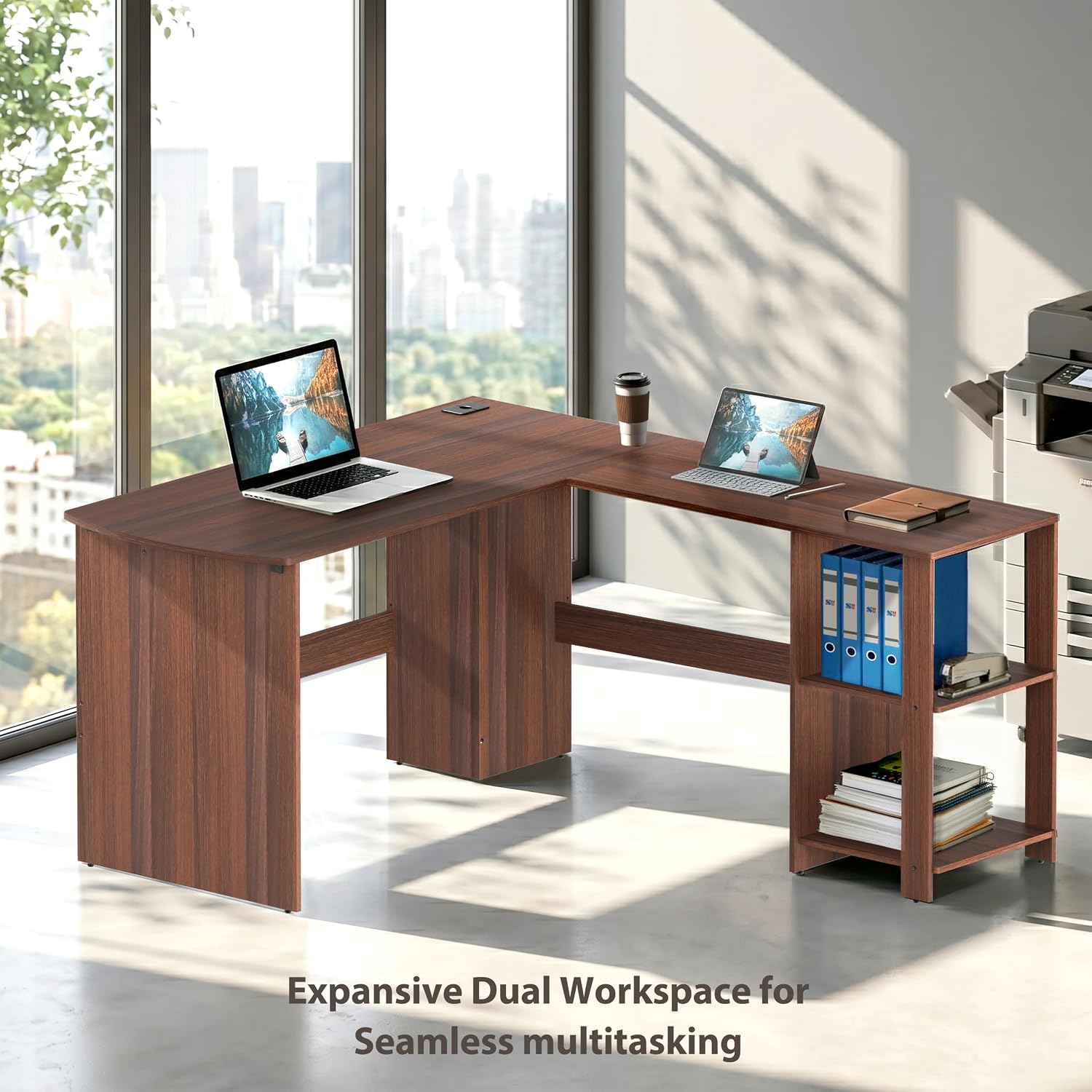 SHW 51 x 51 L-Shaped Home Office Wood Corner Desk with Storage, Espresso | Integrated Book Shelves