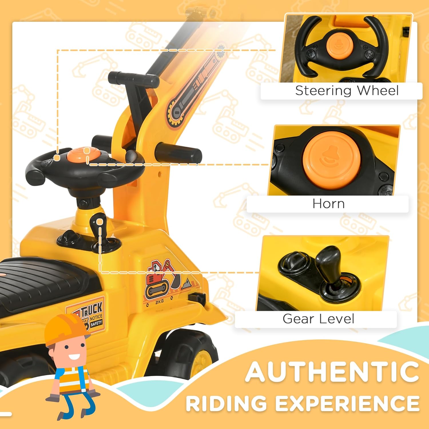 HOMCOM Ride On Excavator Ride On Bulldozer with Horn, Under Seat Storage