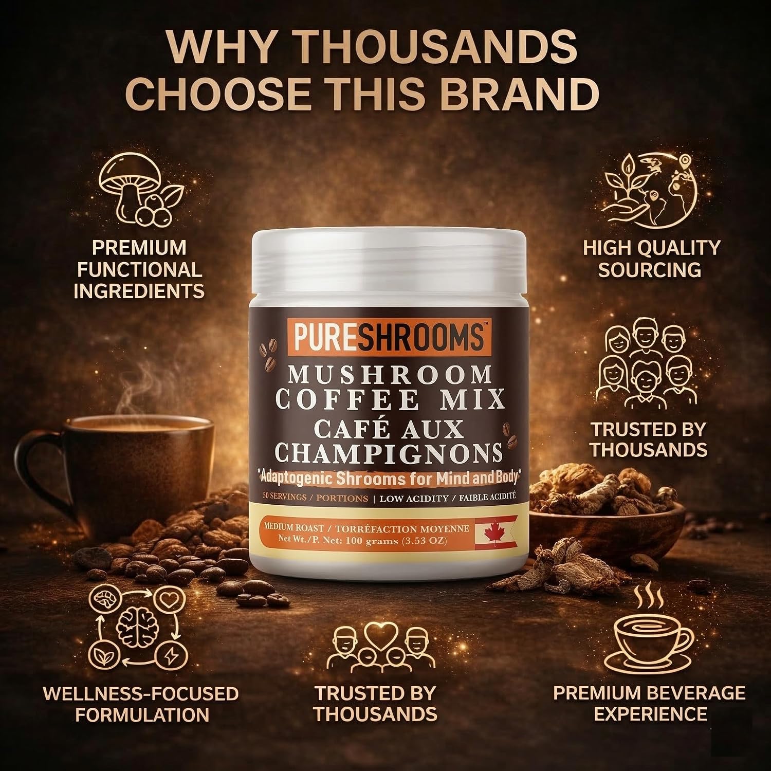 PureShrooms Mind & Body Mushroom Coffee - Instant Colombian Arabica with Organic Lion’s Mane, Reishi & Cordyceps - Low Acidity Nootropic Superfood Beverage for Focus & Vitality, 35 Servings/70g