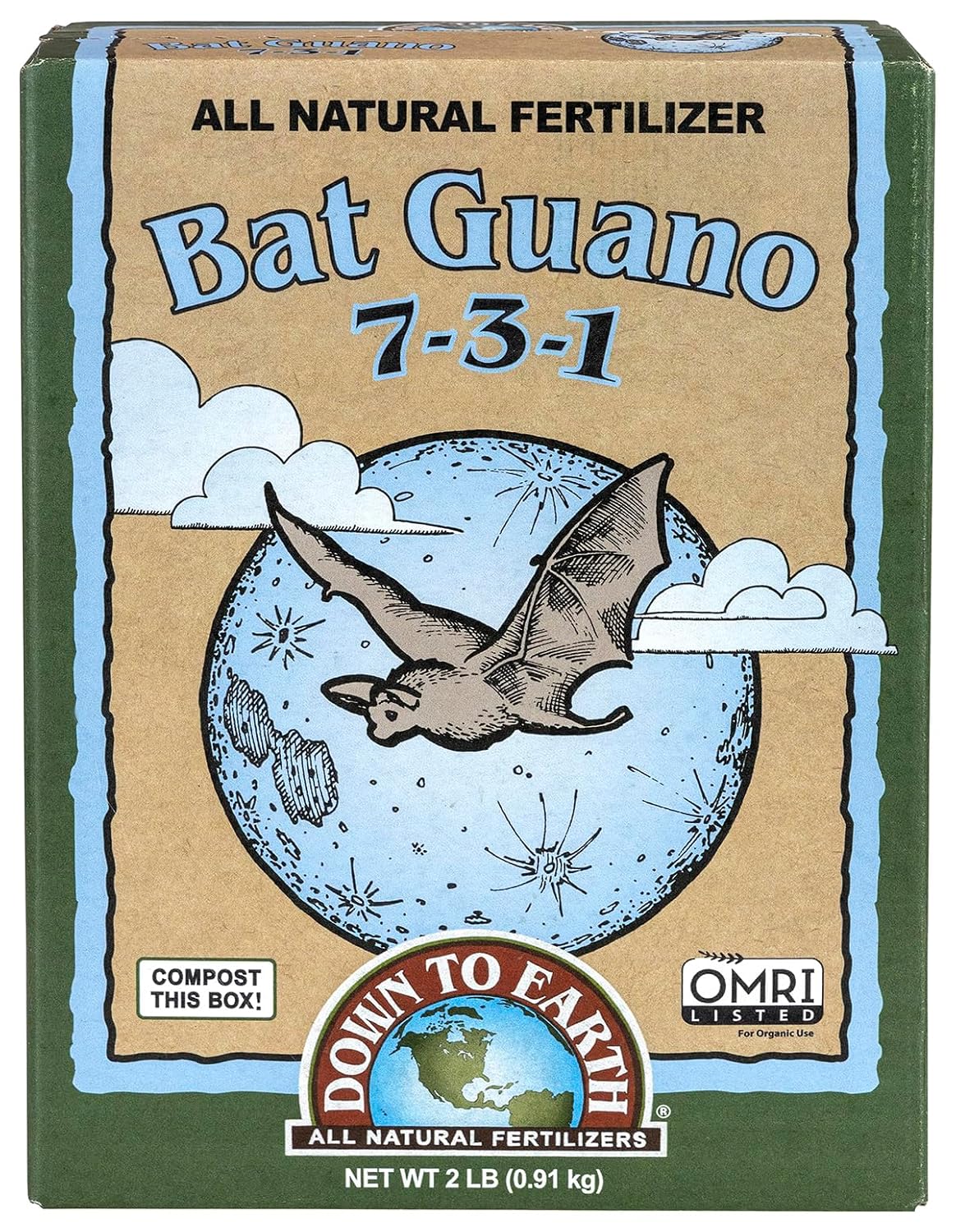 Down To Earth All Natural Fertilizers Organic Bat Guano - 7-3-1, 0.25 lb | High Nitrogen Plant Food for Rapid Vegetative Growth, Fast-Acting in Vegetable Gardens, Flower Gardens