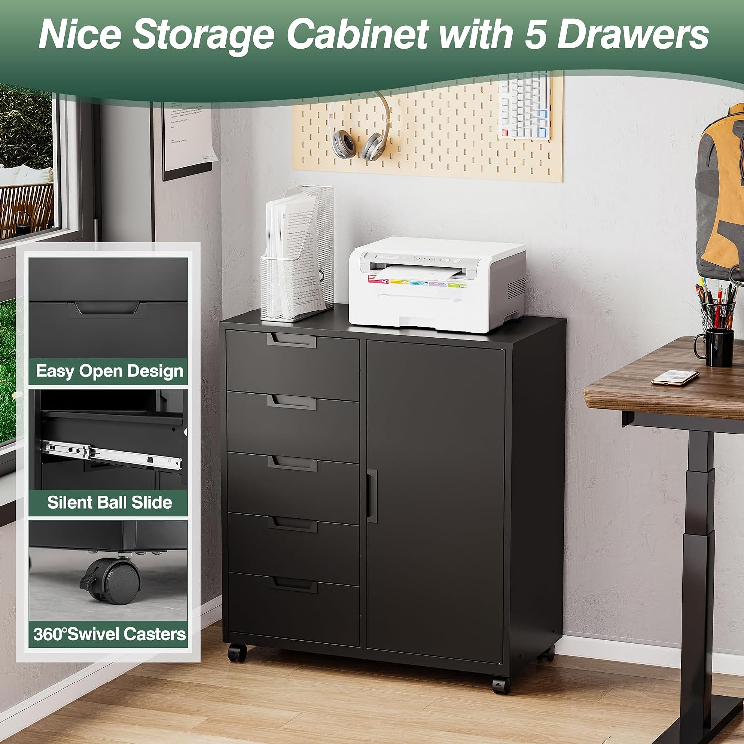 MIIIKO 3 Drawer File Cabinet with Lock, Metal Lateral Rolling Printer Stand Filing Cabinets for Home Office Storage,A4, Letter,File Folders(White)