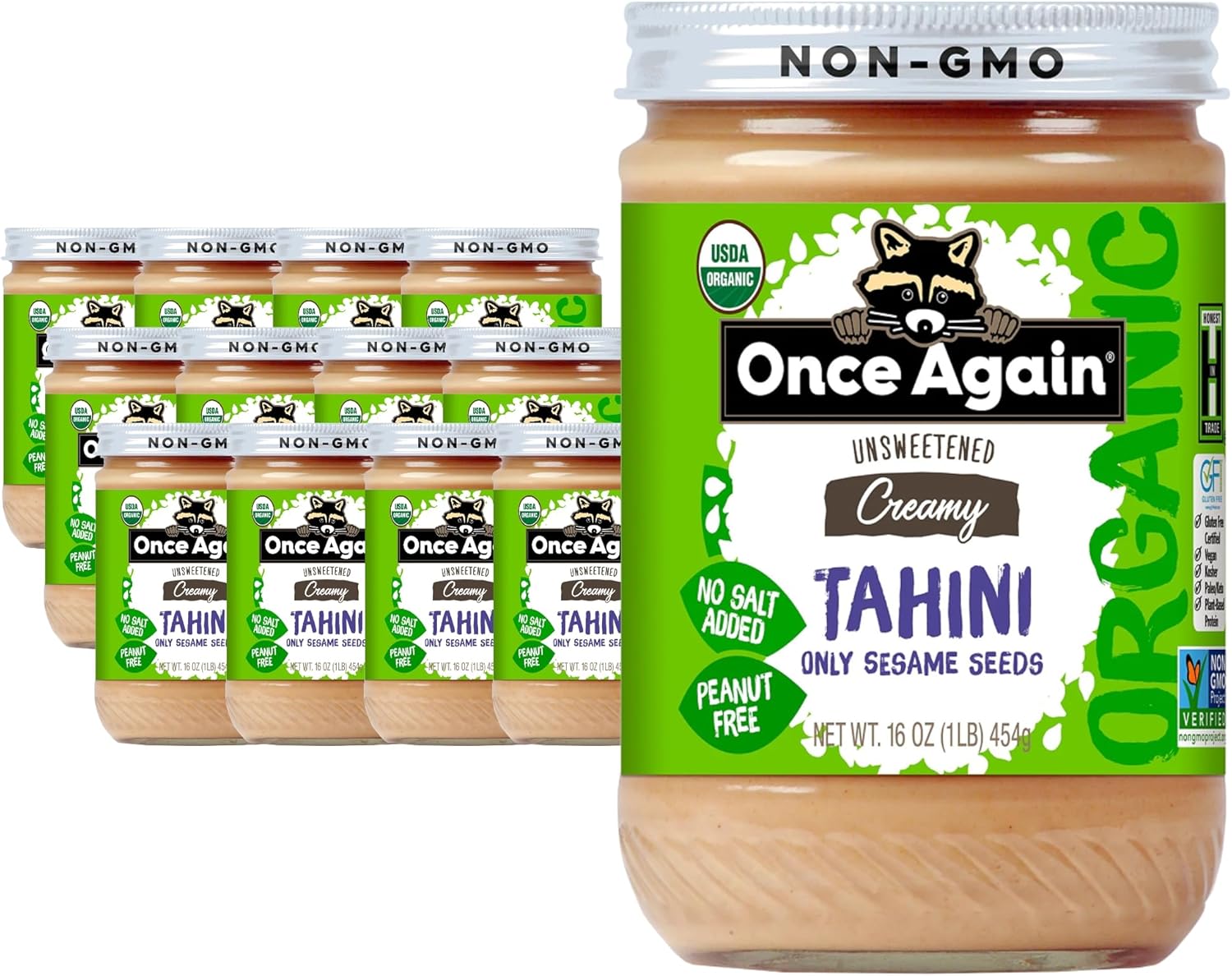 Once Again Organic Sesame Tahini, 16oz - Salt Free, Unsweetened - USDA Organic, Gluten Free, Vegan, Kosher, Peanut Free - Glass Jar - Case of 12
