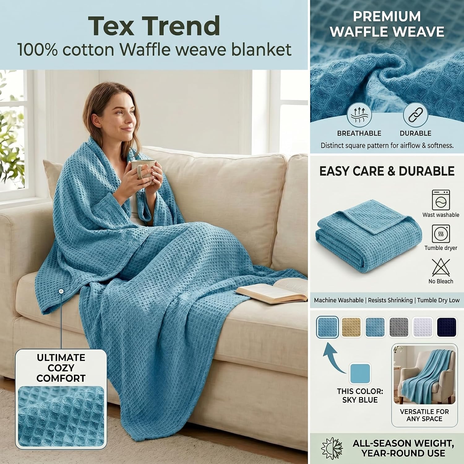 Tex Trend 100% Cotton Waffle Weave Blanket Queen Size - Soft, Breathable Cooling Blanket for Bed, Lightweight Cozy Summer & Spring Bedding, Grey, 90x90