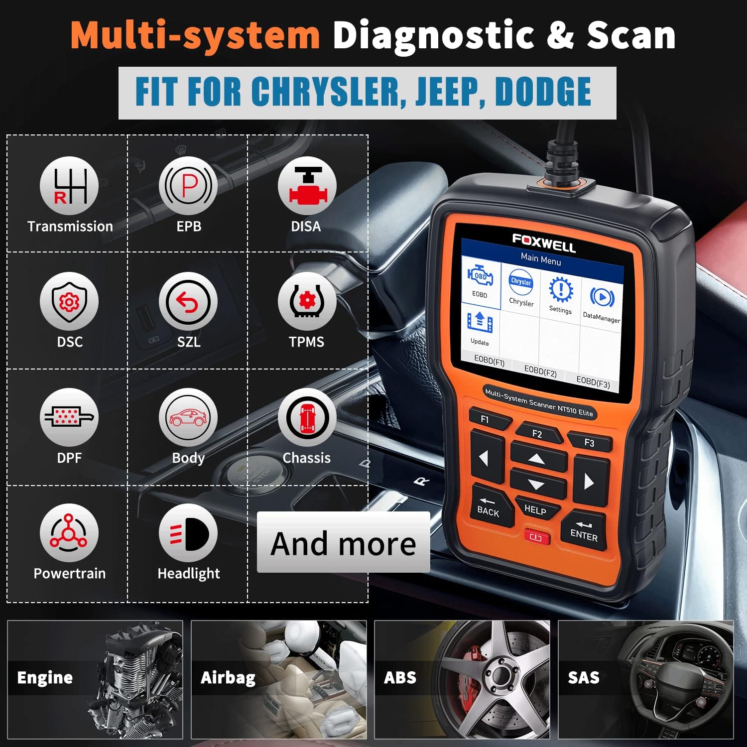FOXWELL NT510 Elite fit for Chrysler Jeep Dodge Scan Tool, All System OBD2 Scanner Bidirectional Diagnostic Tool