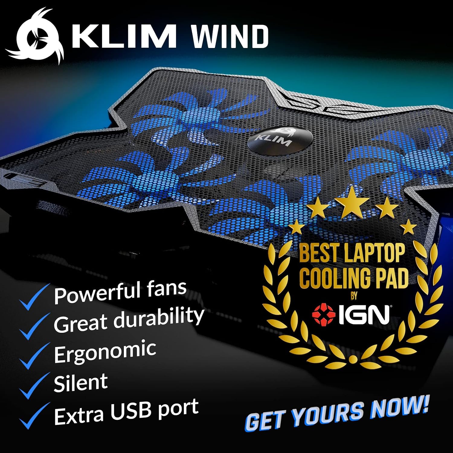 KLIM Wind Laptop Cooling Pad - More Than 500 000 Units Sold - New Version - The Most Powerful Rapid Action Cooling Fan - Laptop Stand with 4 Cooling Fans at 1200 RPM - USB Fan - PS5 PS4 - Blue
