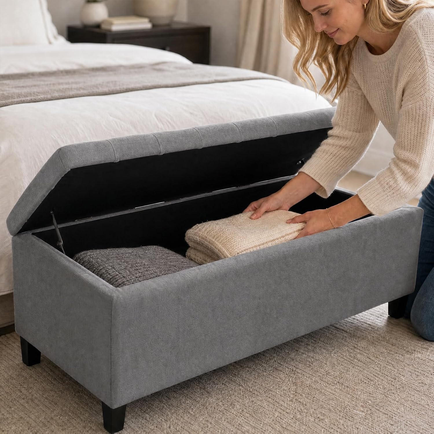 Madison Park 49" Upholstered Storage Bench, Button Tufted End of Bed Bench with Storage, Dual Spring Soft-Close Lid, Bedroom Bench for Queen King Bed, Entryway Living Room, Grey