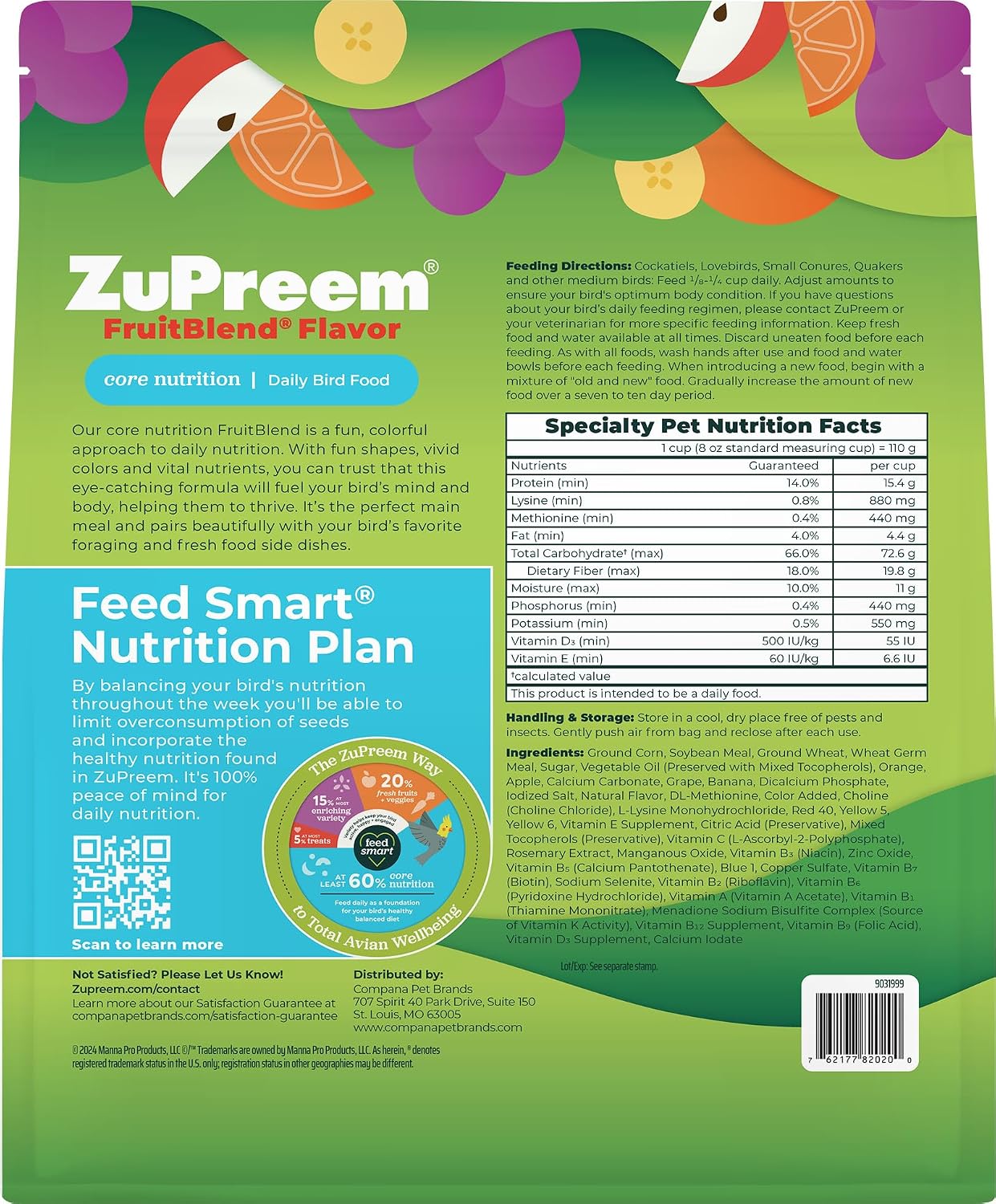 ZuPreem FruitBlend Cockatiel & Conure Food, Uniform Bird Food, M, 2 lb | Bird Food Pellets, Real Fruit, Blend, Cockatiel Food, Conures, Lovebirds, Love Bird Pellets, Quaker, Parrot, Medium Birds