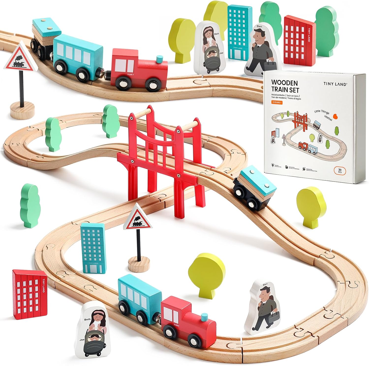 Tiny Land 39 Pcs Wooden Train Set for Toddler with Wooden Tracks | Compatible with Major Brands, Expandable