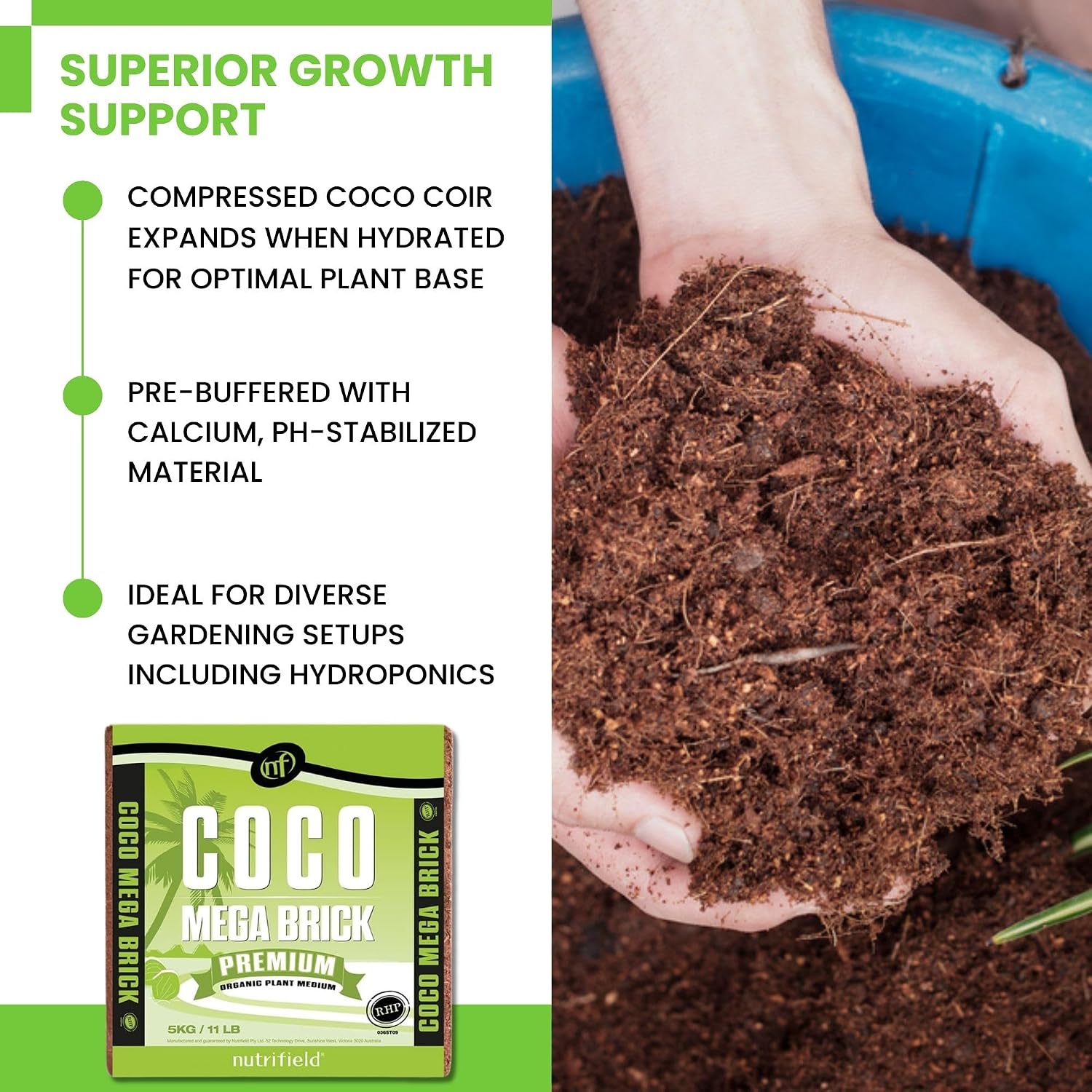 Coco Mega Brick 5kg | Compressed Coconut Coir Block Expands to 55L | Premium Quality Hydroponic Growing Medium, Pre-Buffered