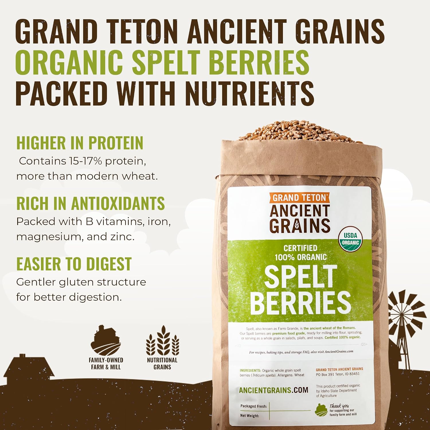 Grand Teton Ancient Grains - 100% Organic Spelt Berries, Whole Unmilled Spelt Berries, US-Grown Farro Organic Grain, Nutritious Baking Staple