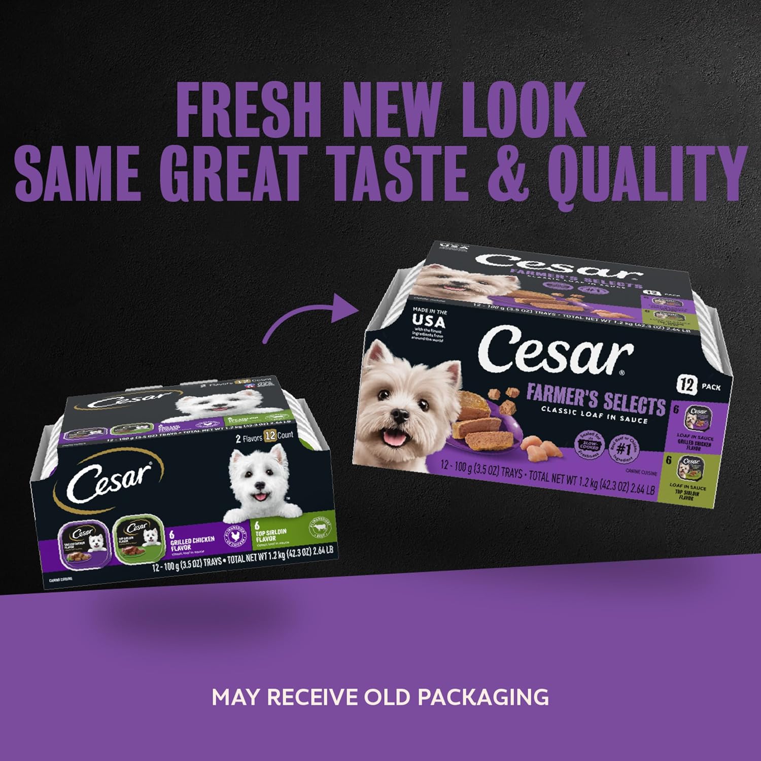 Cesar Classic Loaf Wet Dog Food, Meaty Selects, 3.5 oz, 12 Count, 2-Pack | Made in USA, Filet Mignon & Porterhouse Steak flavors, real beef #1 ingredient, no artificial flavors, easy peel trays