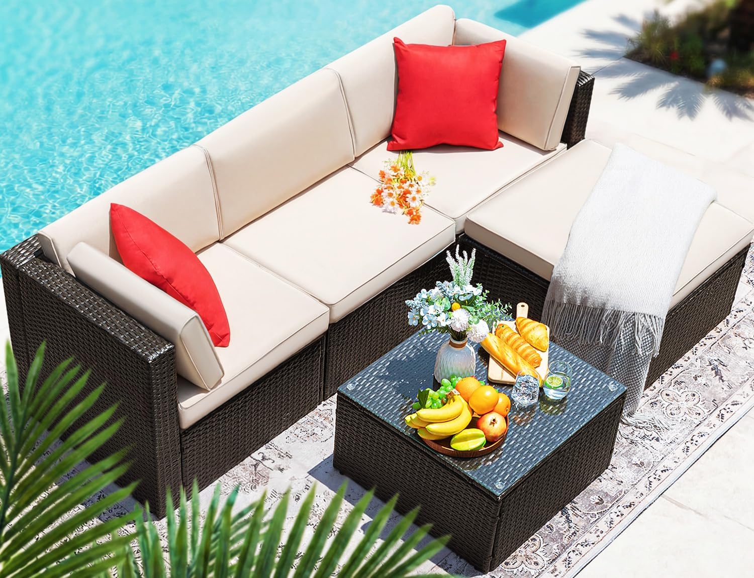 Devoko 5 Pieces Patio Furniture Sets Outdoor Sectional Patio Sofa | All Weather Manual Weaving Wicker Rattan Patio Seating Sofas with Cushion and