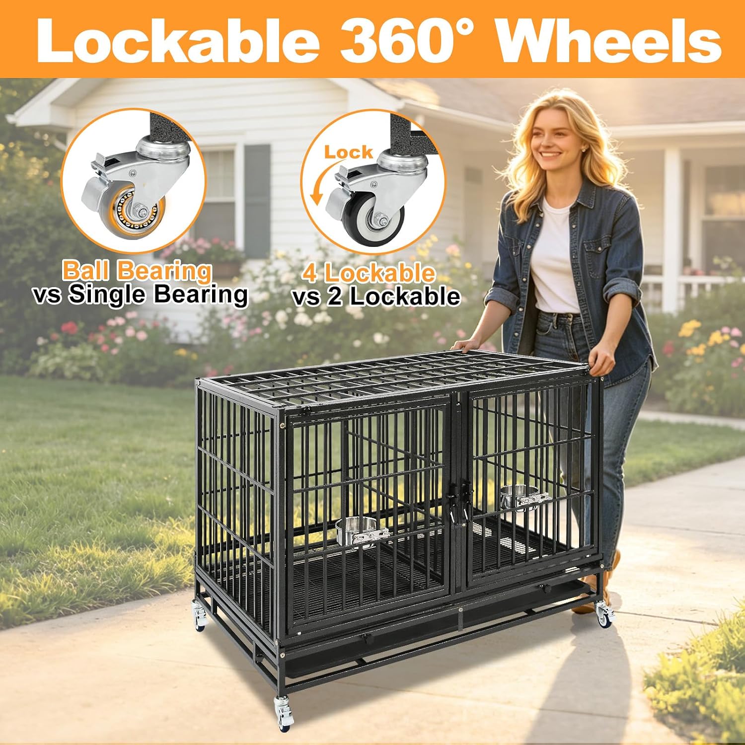 Homey Pet Three Tiers 43 inch Heavy Duty Dog Crate with Wheels, Dual Doors | Stackable Indestructible Steel Dog Cage Kennel Indoor with Divider, Trays, Bowls, Escape Proof Locks for Breeders and More