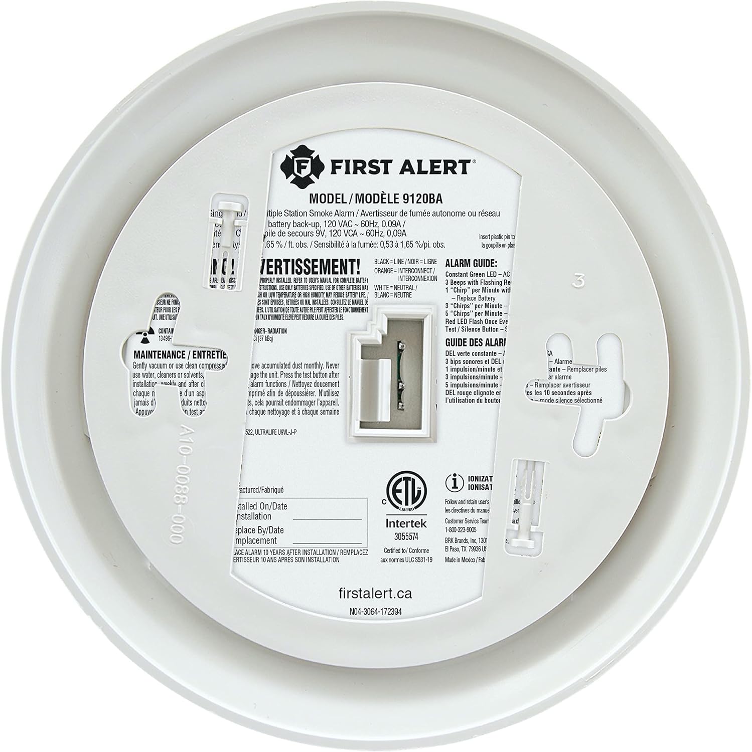 9120BA Hardwired Ionization Smoke Alarm with Battery Backup