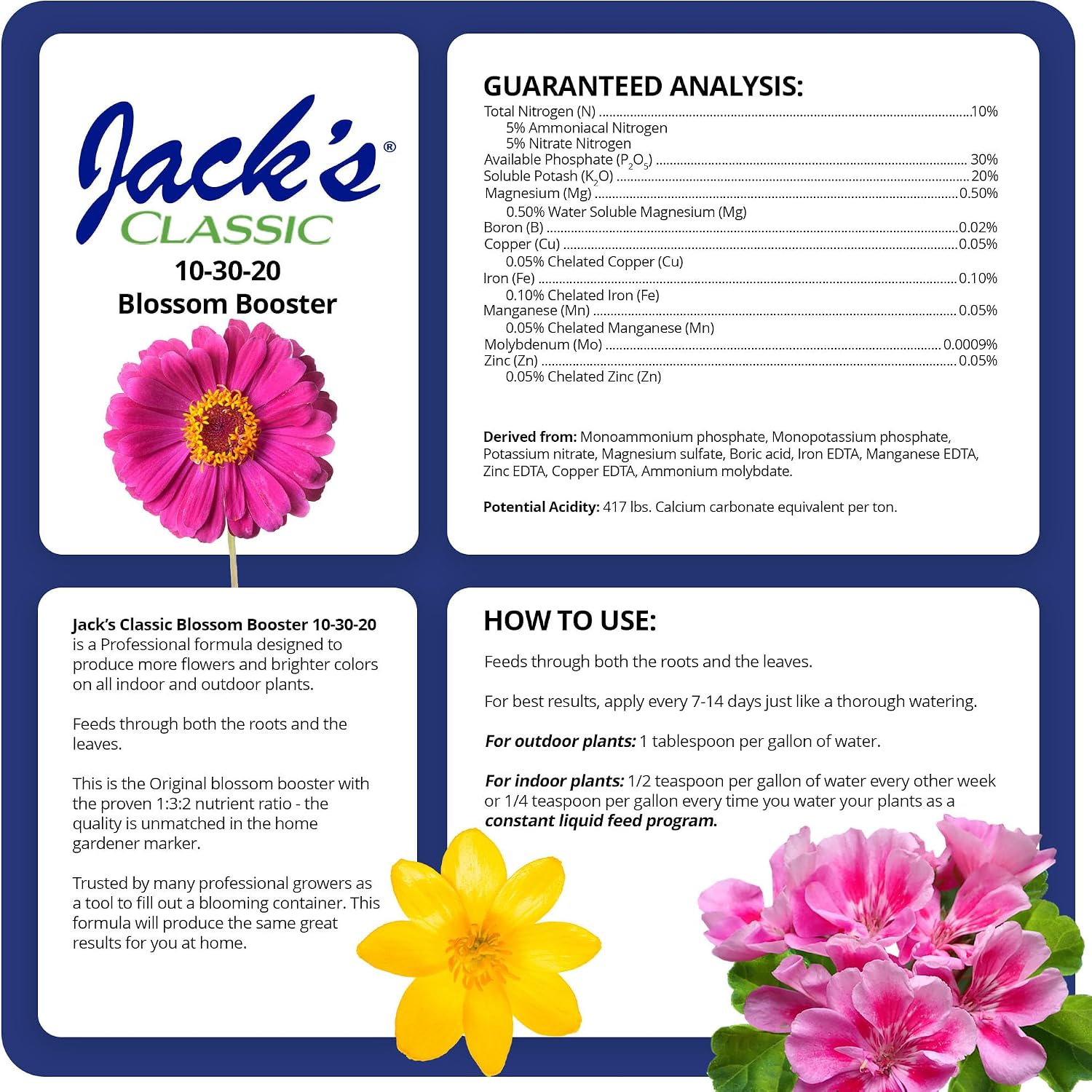 Jack's Classic 10-30-20 Blossom Booster Water-Soluble Fertilizer, 4lb | Powdered Plant Food, Targeted Micronutrient Package, Increases Bloom Color & Quantity, Liquid Root & Foliar Feeding