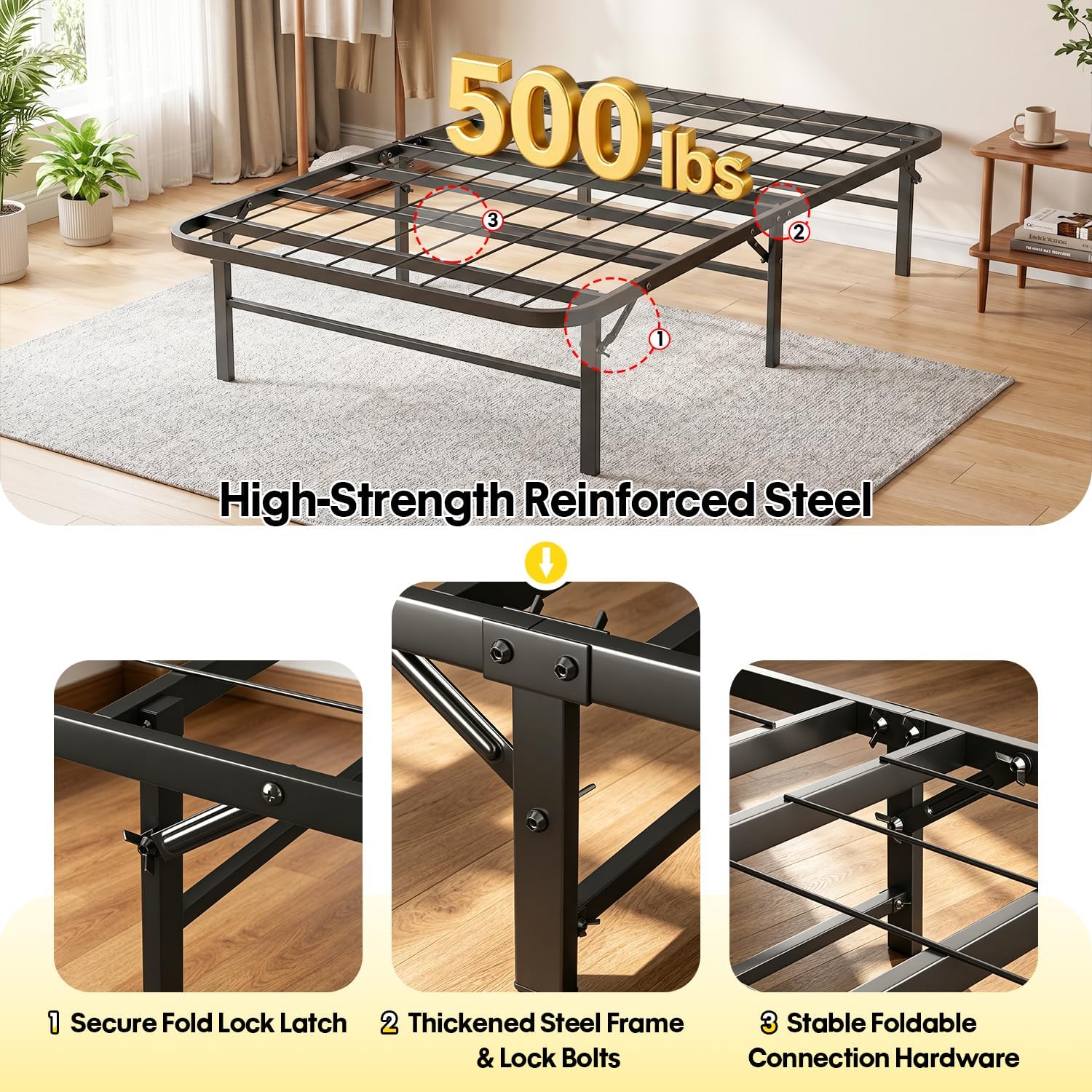 BestMassage | Twin Bed Frame | Metal | Heavy Duty Steel Slats with 6 Legs | Foldable | Sturdy, No Box Spring Needed | Easy to Assemble with Under-Bed Storage | Furniture for Home, Dorms