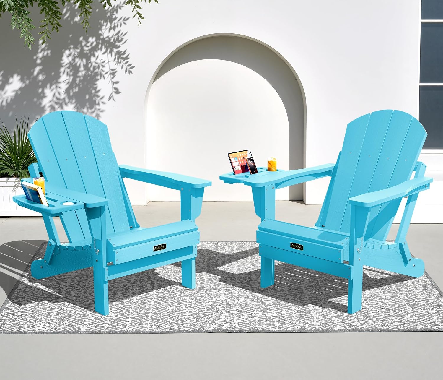 SERWALL Folding Adirondack Chairs with Cup Holder, Outdoor Fire Pit - Blue